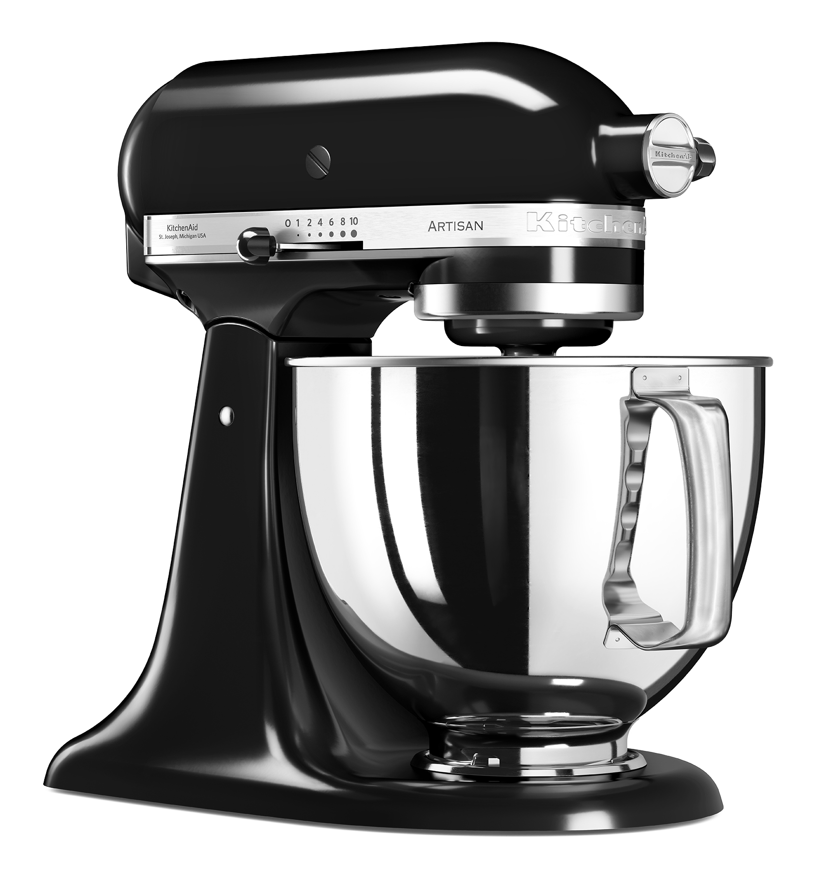 Batidora de pie KitchenAid negra con un cuenco de acero inoxidable.