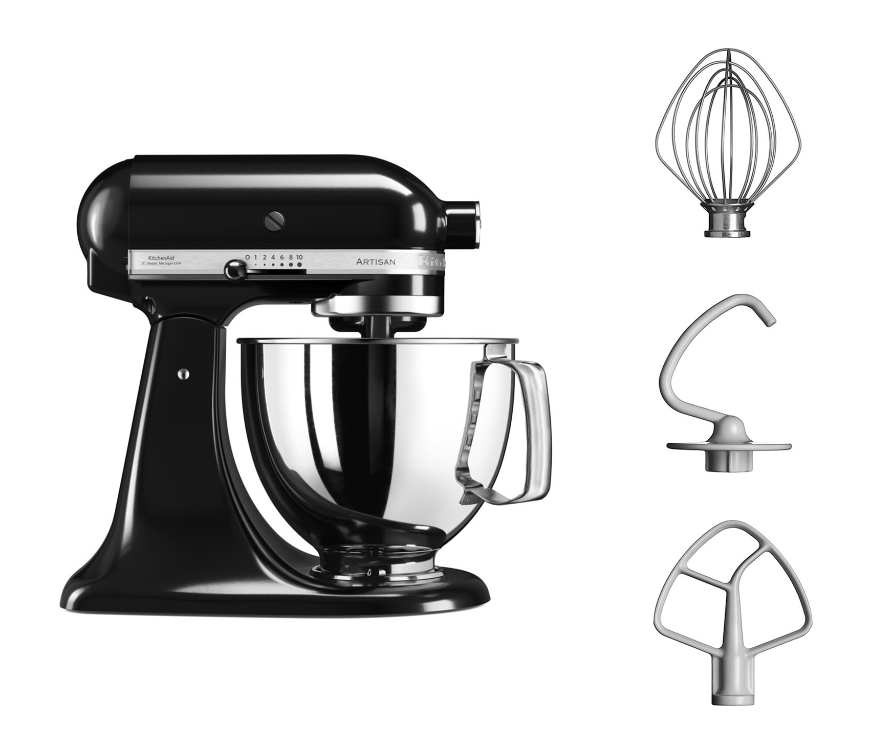 Batidora KitchenAid negra con accesorios. Tres accesorios a la derecha.