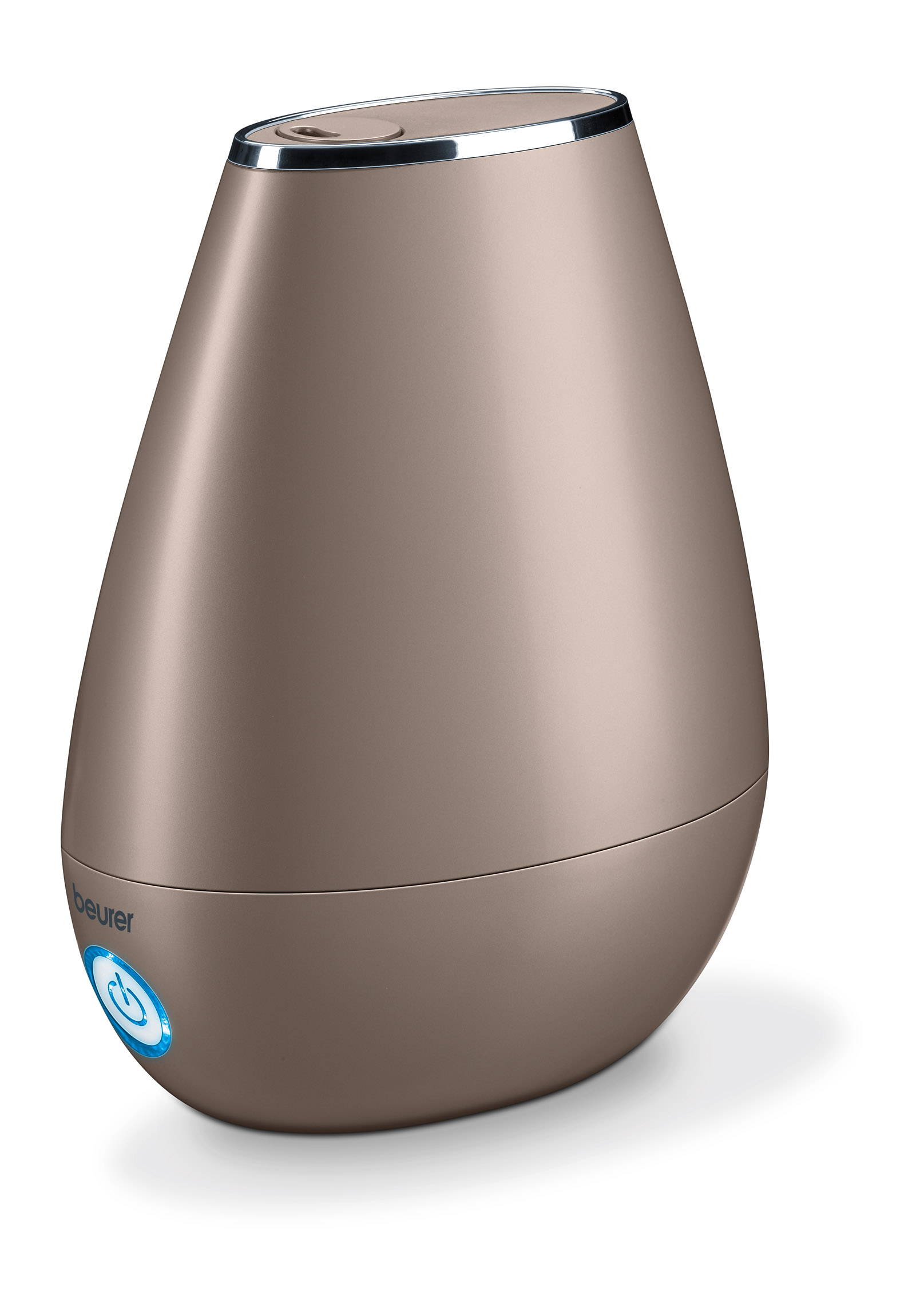 Humidificador ovalado marrón. Botón de encendido azul. Logotipo de Beurer.
