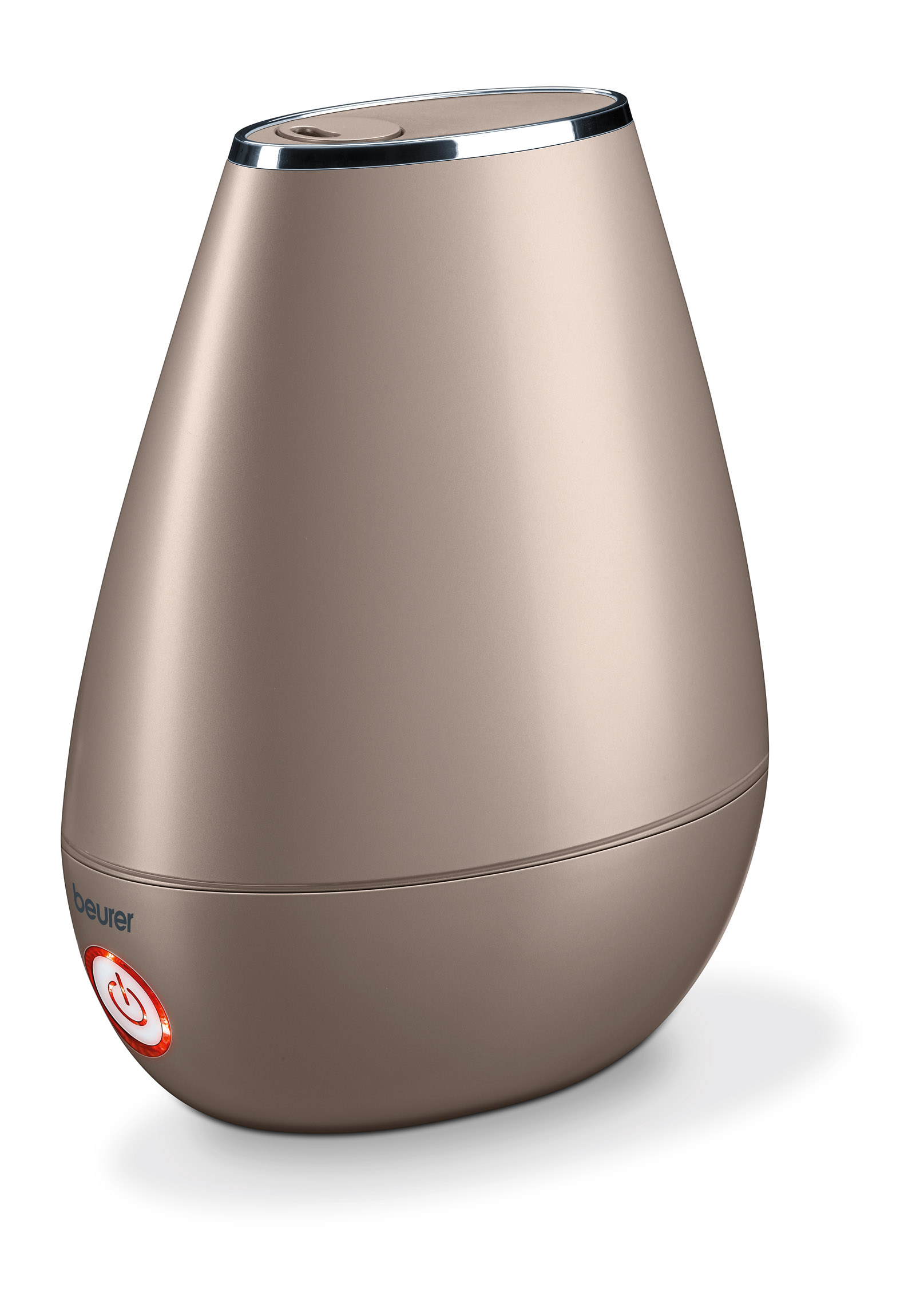 Un humidificador dorado en forma de huevo con un botón de encendido rojo y ribete plateado.