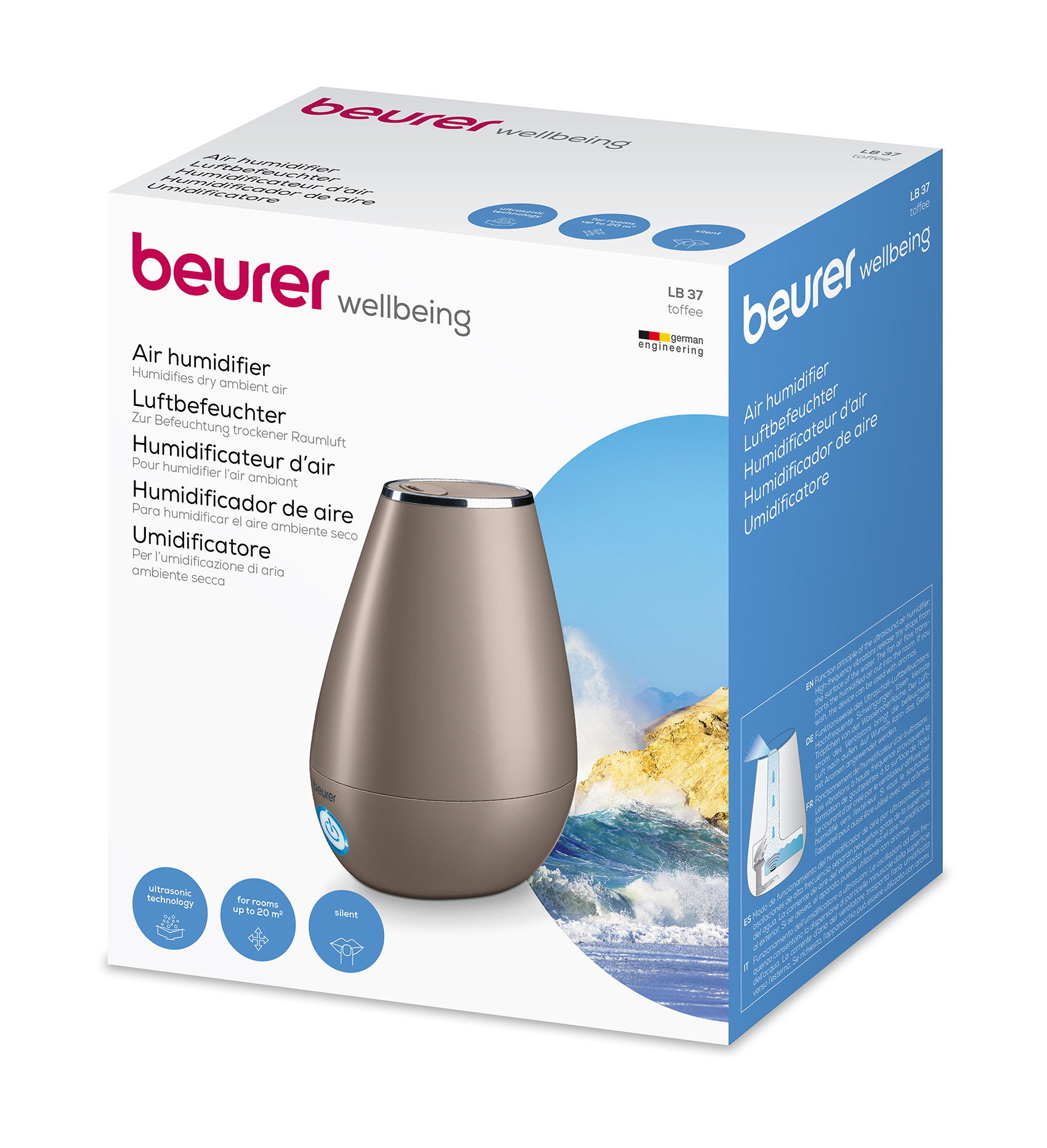 Humidificador de aire en una caja. La caja tiene detalles e imágenes del producto.