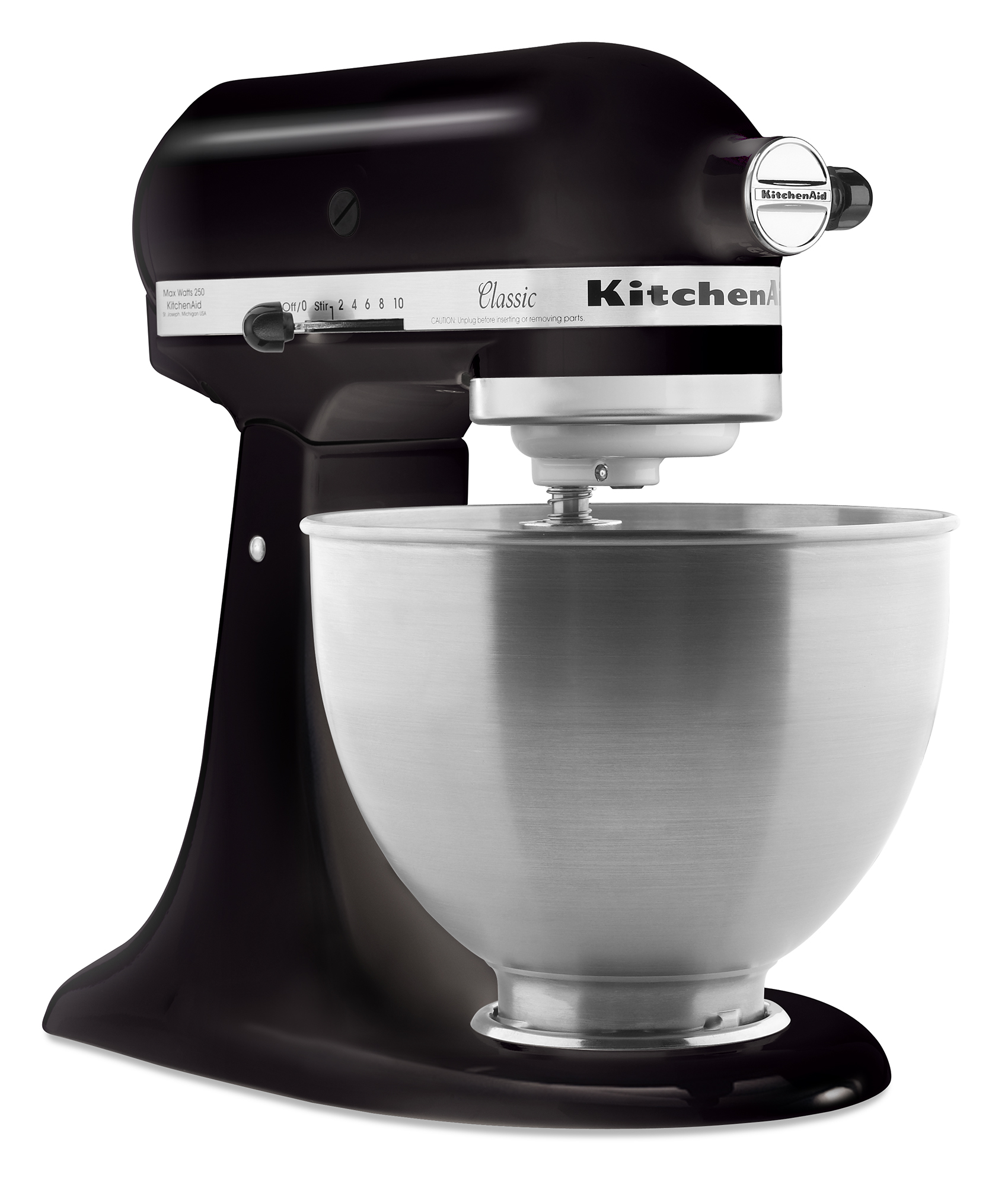 Batidora de pie KitchenAid Classic negra con un cuenco de acero inoxidable. El texto está en la batidora.