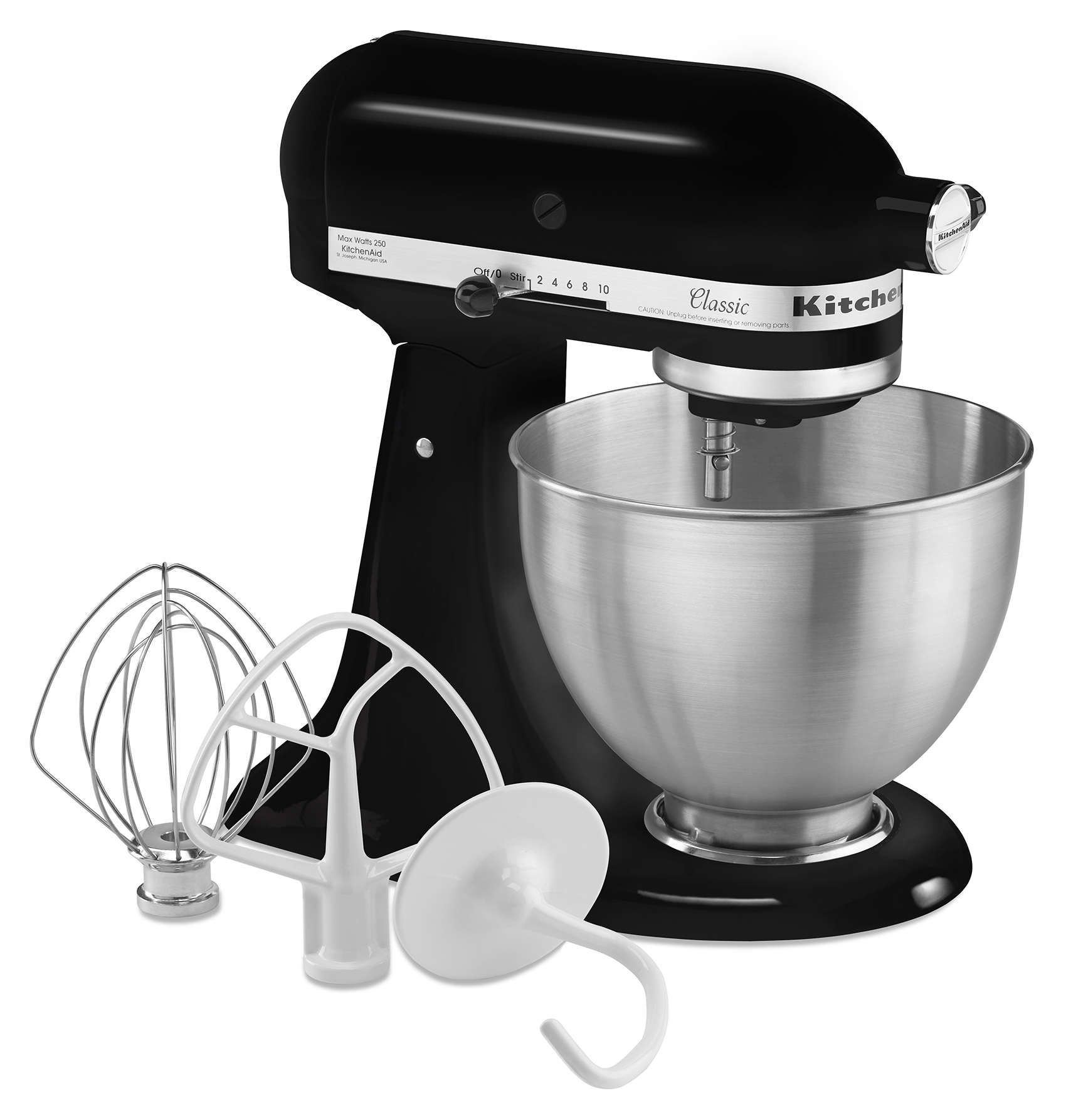 Una batidora KitchenAid negra con accesorios. Un cuenco plateado está adjunto.