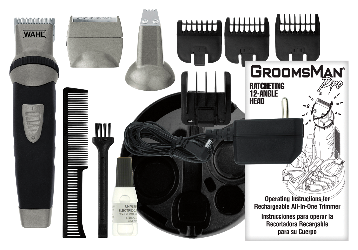 Afeitadora corporal - Wahl GroomsMan Body 9953-1016, Multifunción, 3 cabezales, Precisión y ras, 3 peines, Autonomía 60 min, Negro