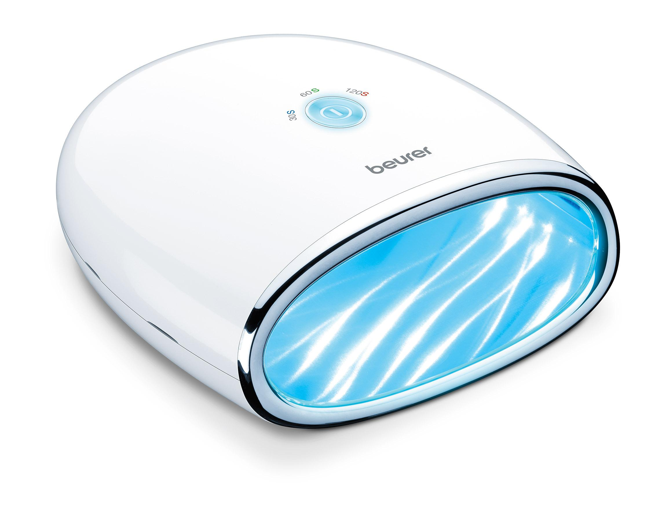 Lámpara UV blanca para uñas con luz azul en el interior. Tiene botones en la parte superior.