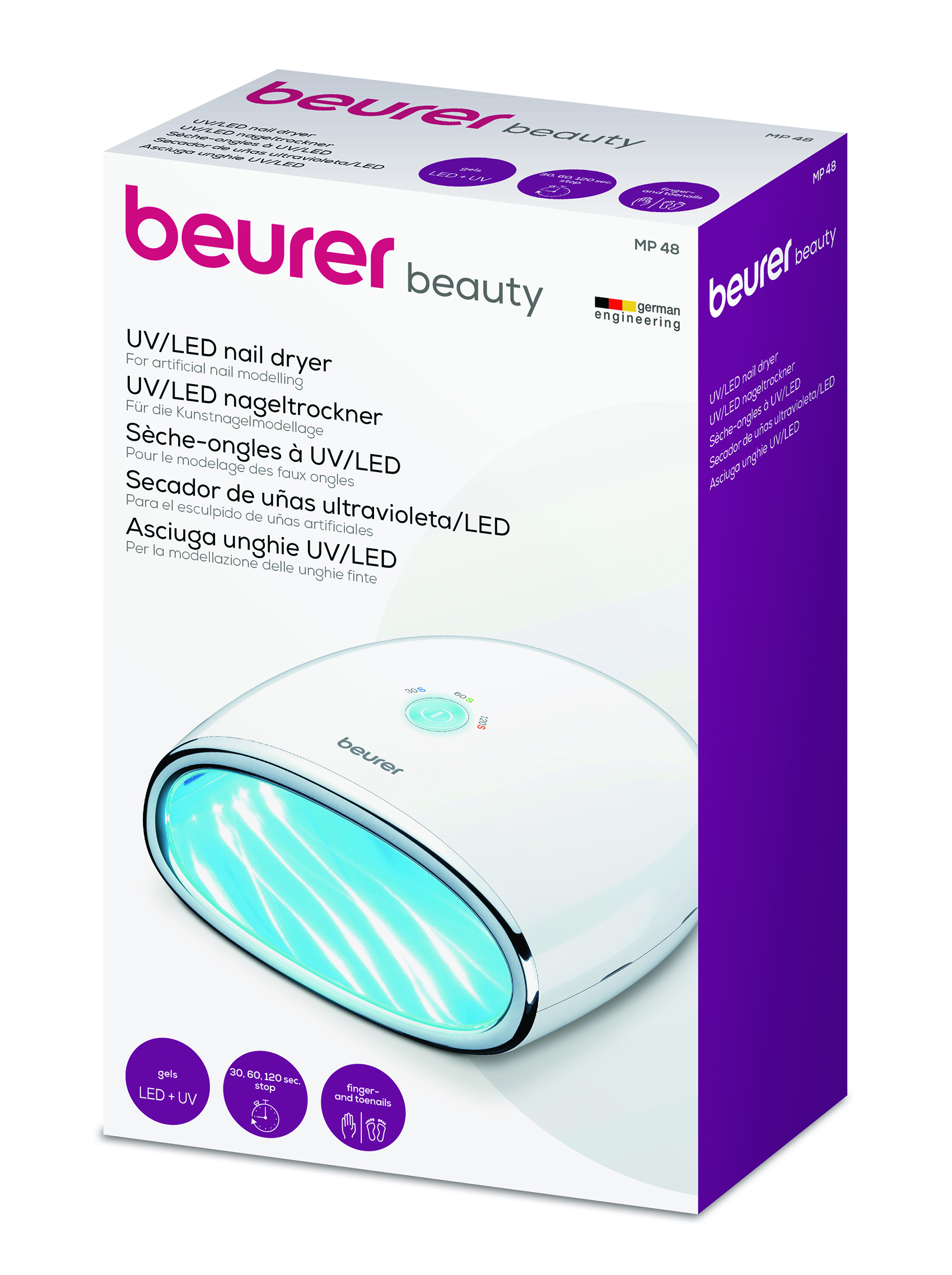 Caja de secador de uñas blanca y morada con luz UV/LED y fondo blanco.