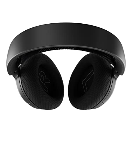 Auriculares negros con las letras 'R' y 'L' en los auriculares, sobre un fondo blanco.