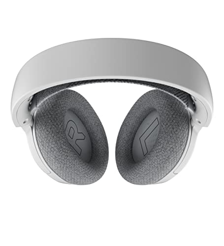 Auriculares circumaurales en blanco con almohadillas grises. Marcas 'R' y 'L' visibles dentro de las copas.