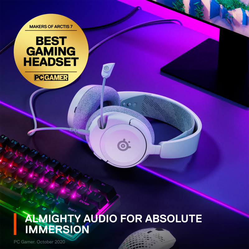 Auriculares para juegos blancos y grises con micrófono. Adhesivo de los mejores auriculares para juegos.