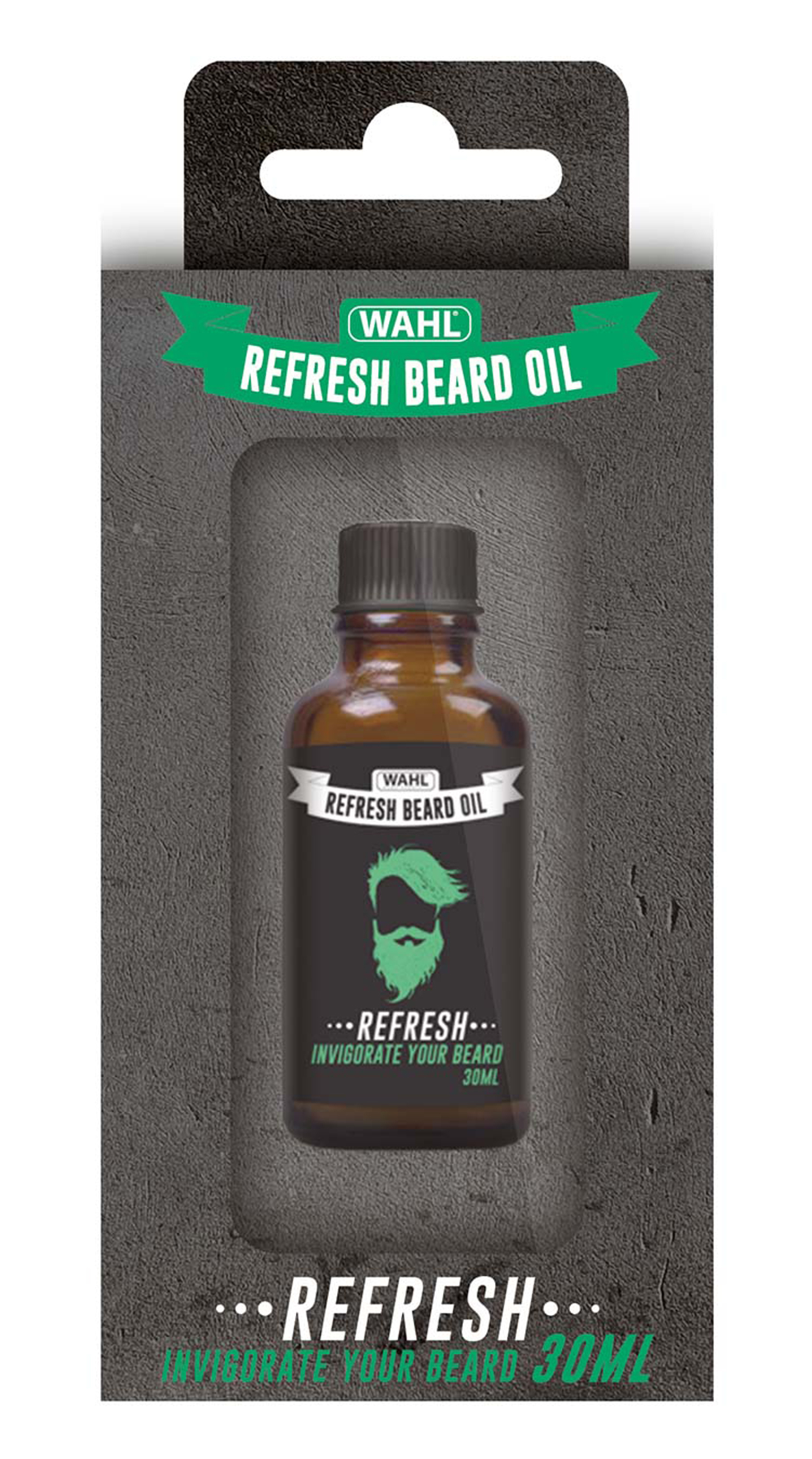 Botella de aceite para barba en una caja, con el logotipo y el nombre del producto.