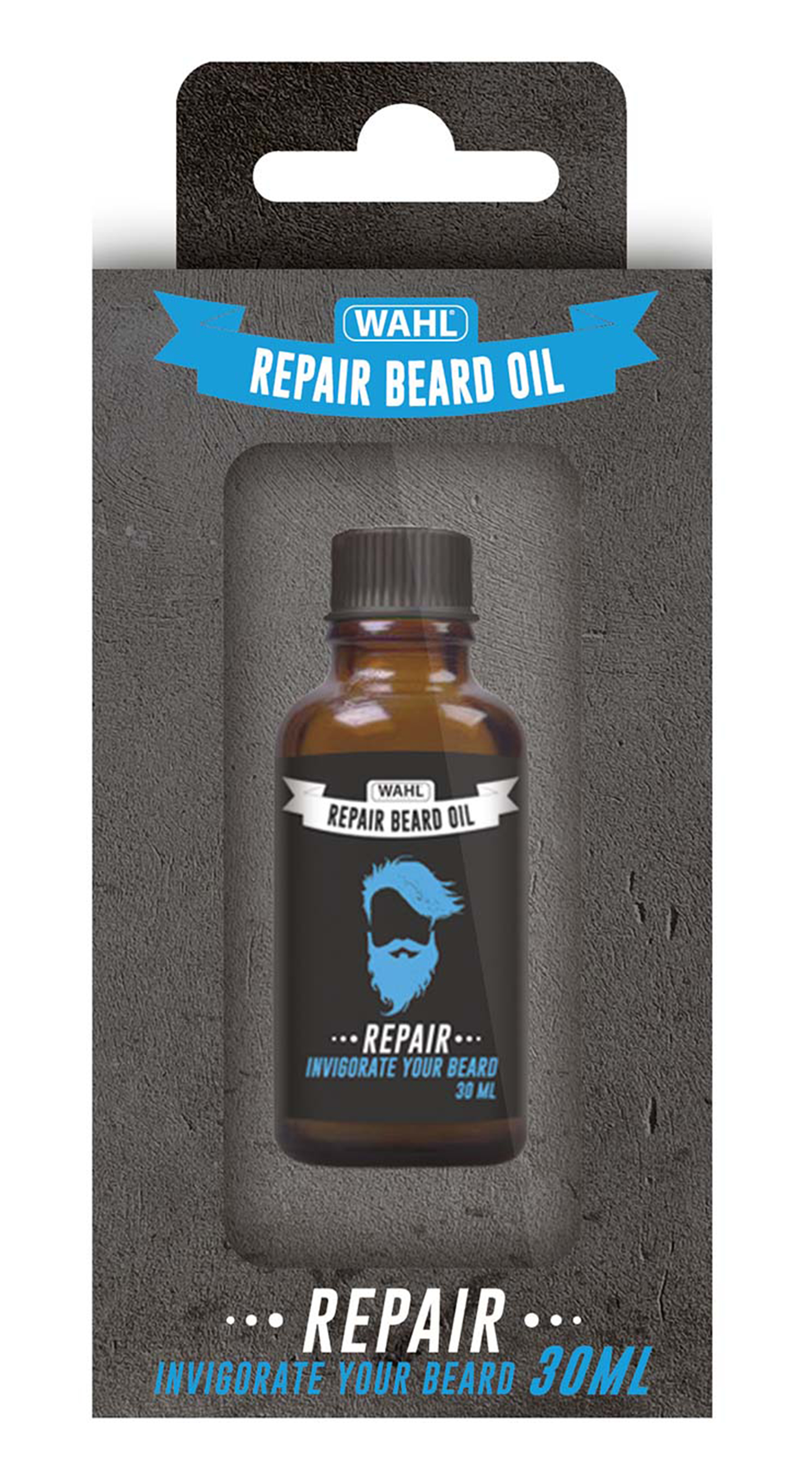 Botella de aceite para barba Wahl Repair en una caja, con ilustración de barba e info.