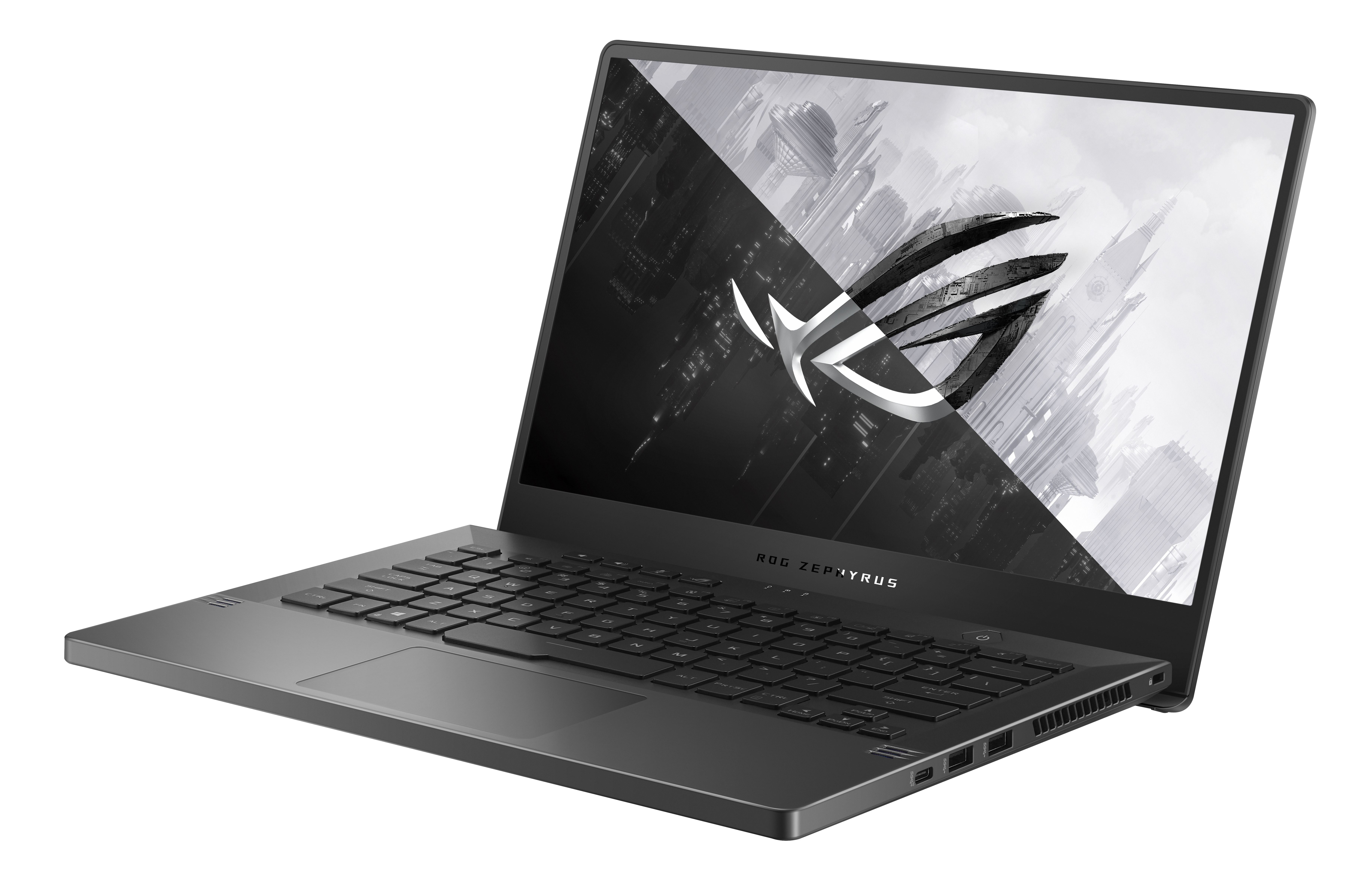 Una computadora portátil gris oscuro con el logotipo ROG Zephyrus en la pantalla.
