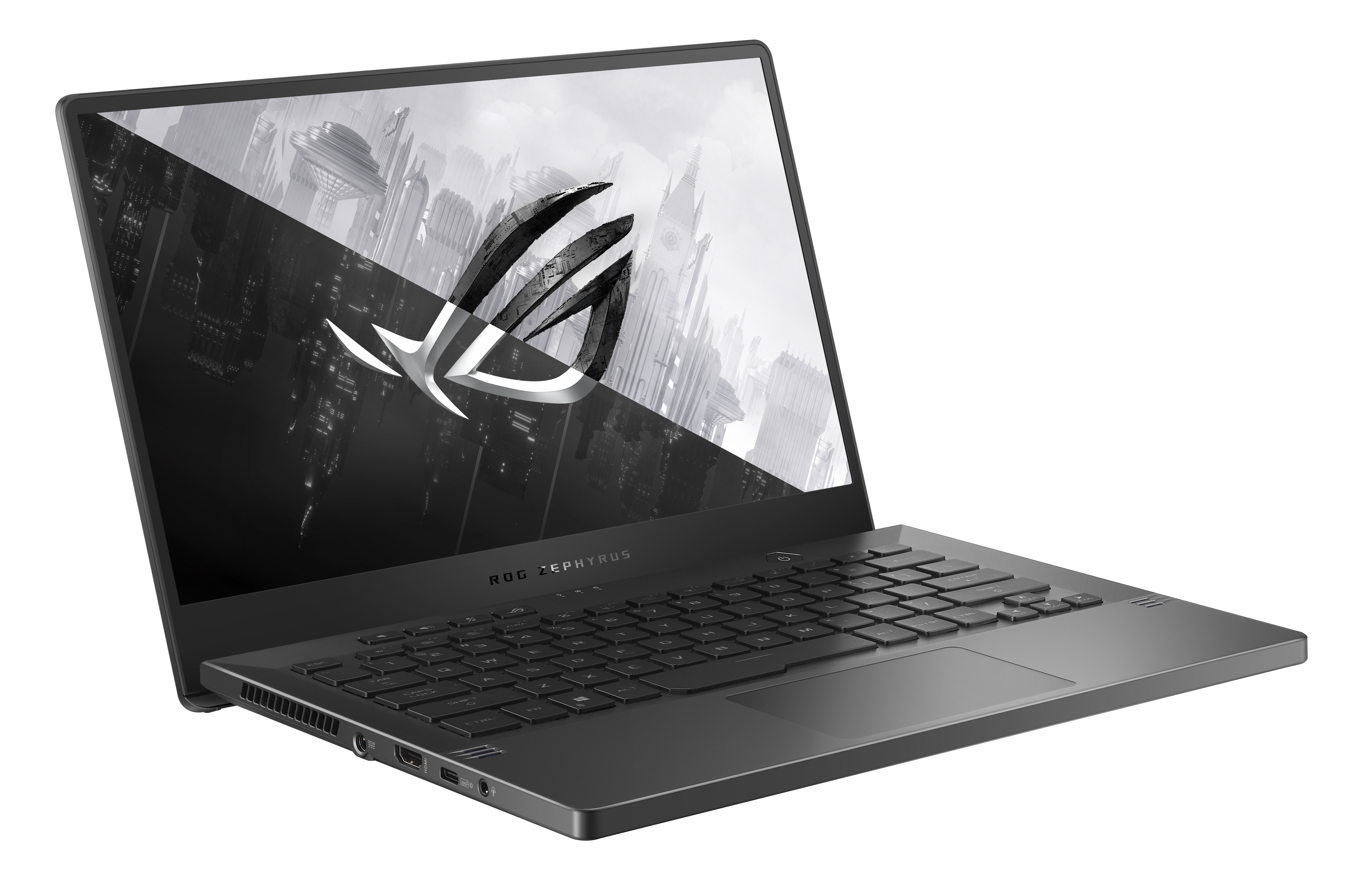 Un portátil negro con pantalla brillante que muestra un gráfico de la ciudad, logo ROG Zephyrus visible.