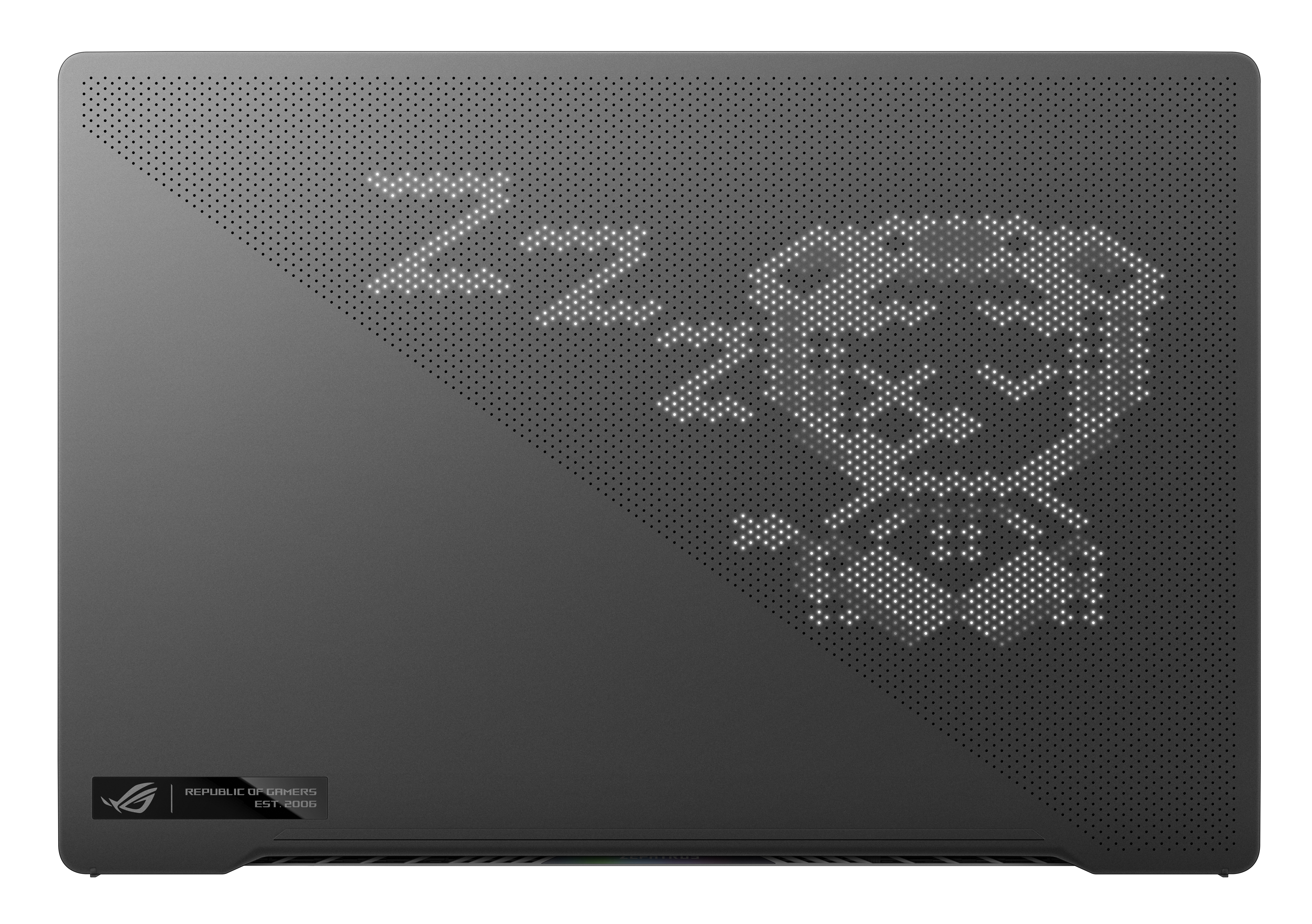 Tapa oscura de portátil con diseño perforado y logotipo y texto brillantes.