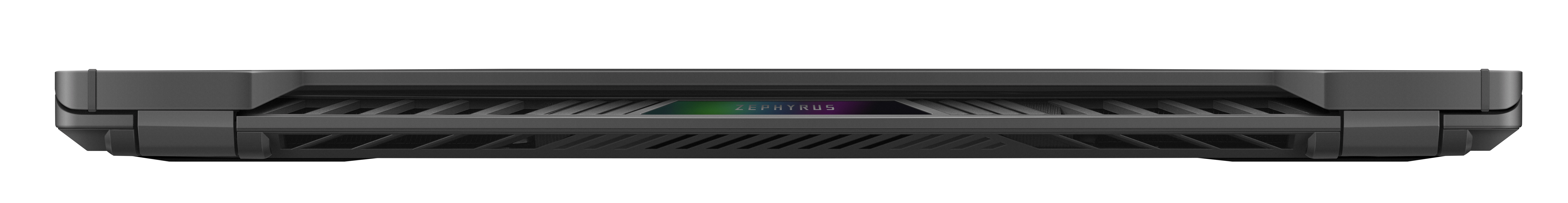 Vista lateral de un portátil gaming negro cerrado. Tiene la palabra "ZEPHYRUS" en él.