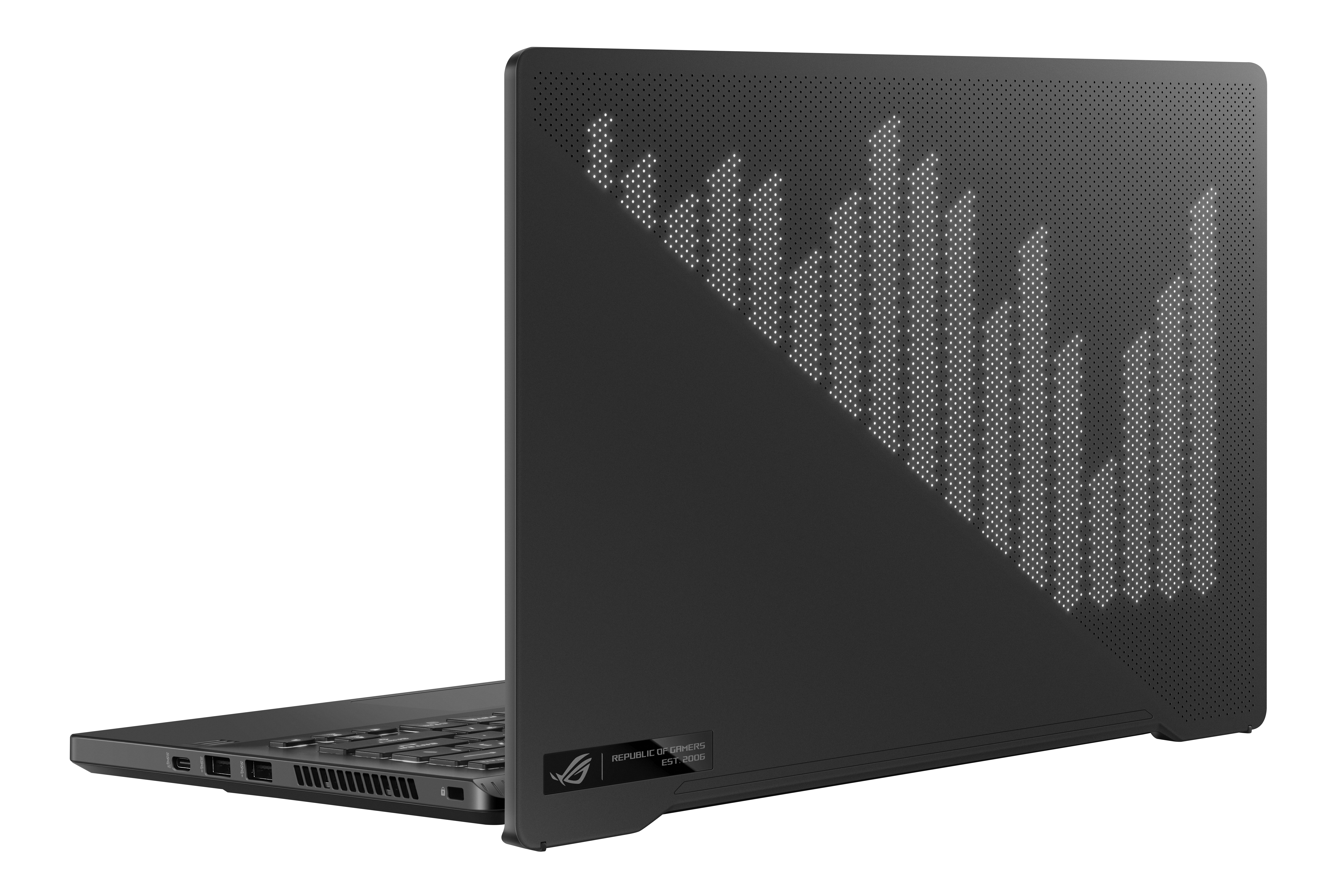 Portátil negro, vista trasera, con diseño estampado y logo ROG.