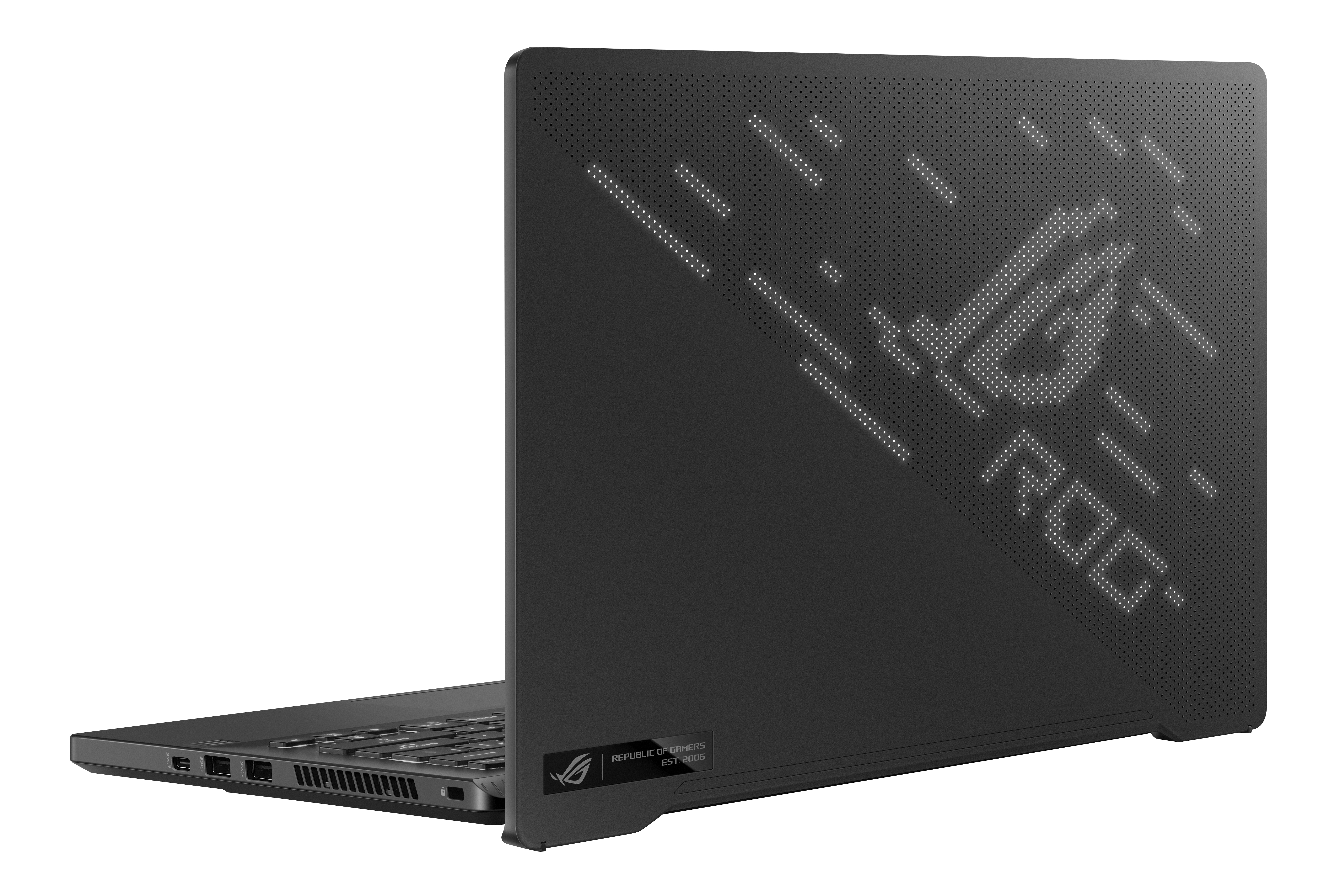 Portátil negro con el logotipo ROG brillante en la parte trasera, vista en ángulo sobre fondo blanco.
