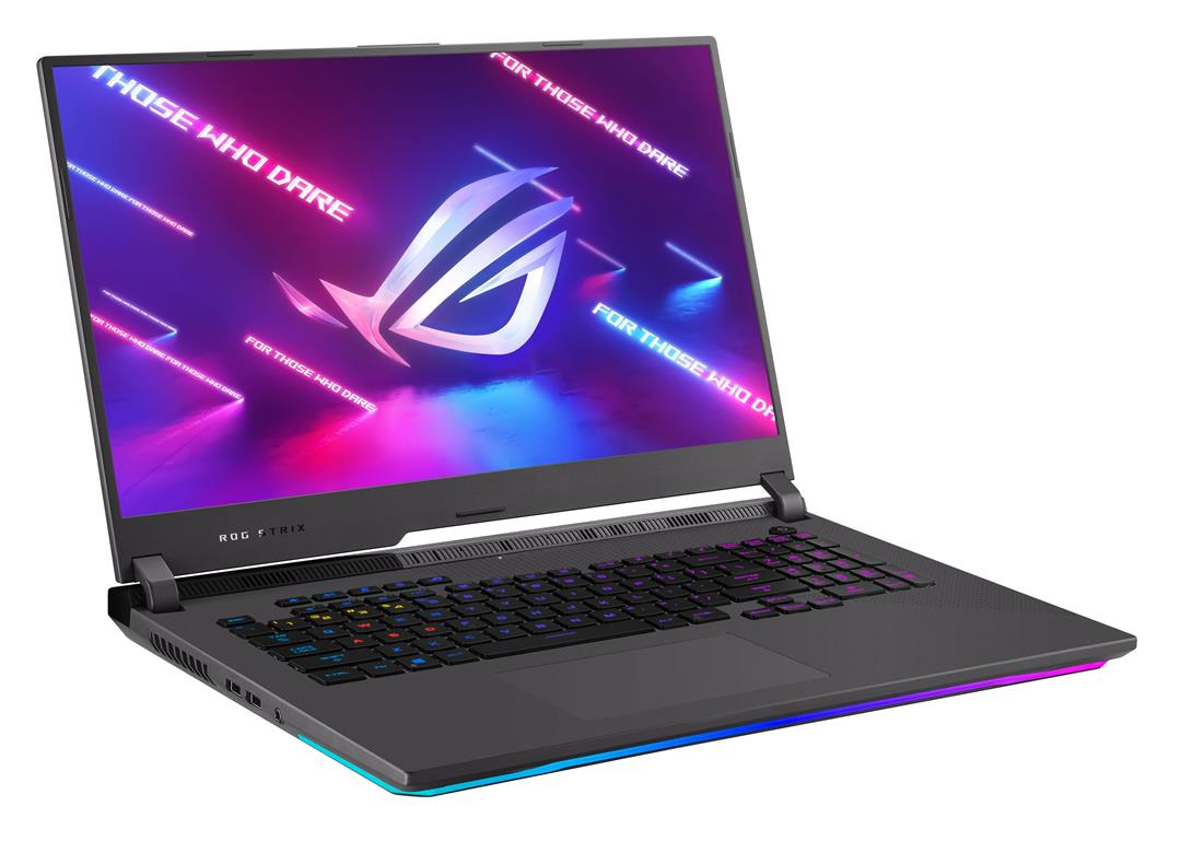 Portátil para juegos negro y gris. La pantalla muestra 'Those who dare'. El teclado es multicolor.