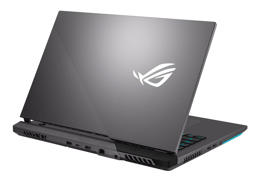 Portátil gris, vista trasera, con logo ROG y diseño estampado.