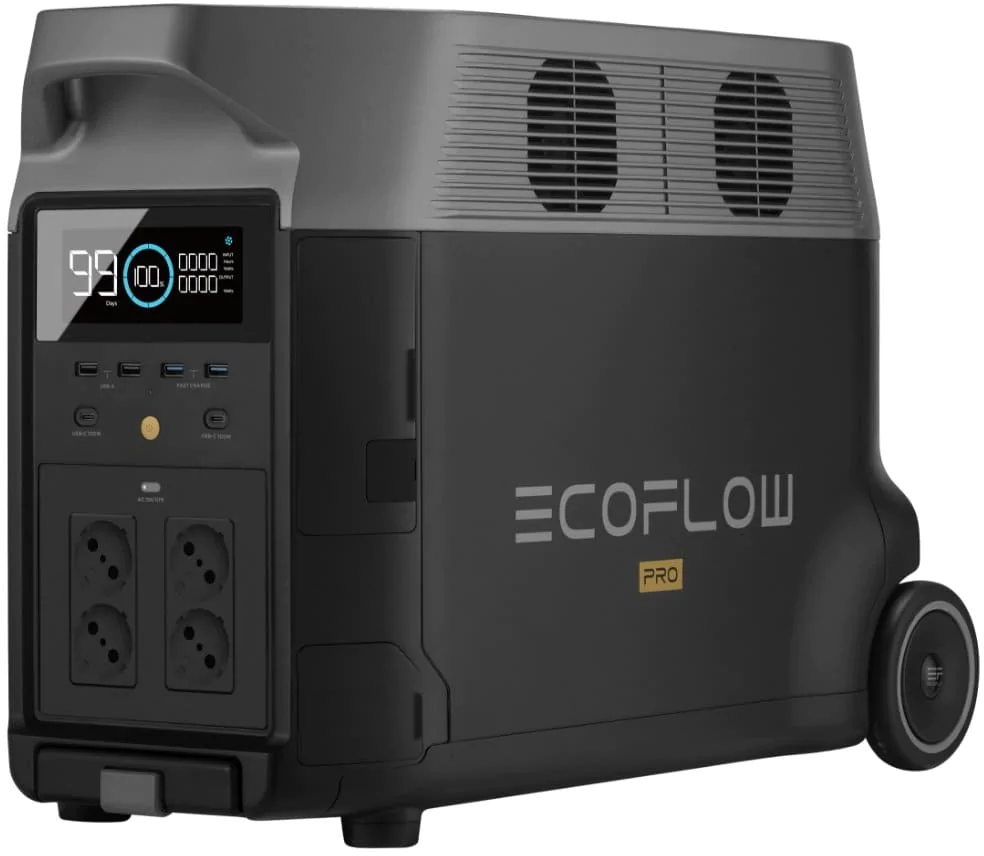Il retro di una centrale elettrica EcoFlow Pro con prese d'aria e porte batteria extra.