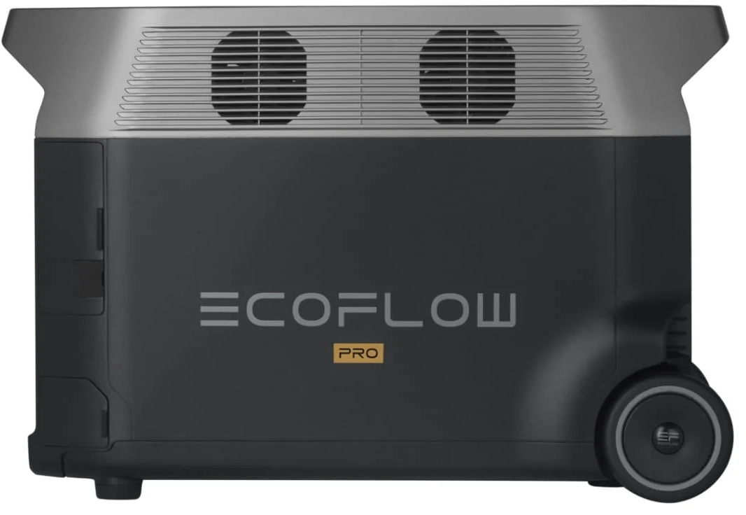 Stazione di alimentazione EcoFlow Pro nera e grigia. Ha due ventole e un corpo nero con il logo.