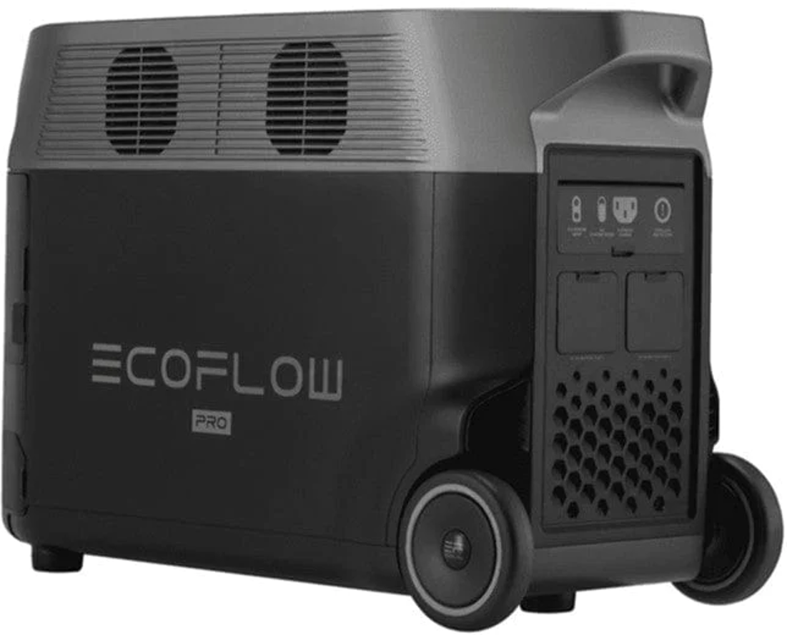 Una centrale elettrica portatile nera e grigia con ruote e un pannello di controllo, etichettata ECOFLOW PRO.