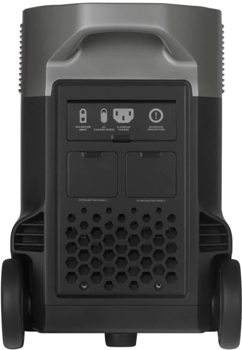 Il retro di una centrale elettrica portatile nera. Ha porte, una maniglia e un design a nido d'ape.