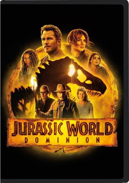 Affiche de film avec acteurs, titre 'Jurassic World Dominion' et image de dinosaure dans un cadre doré.
