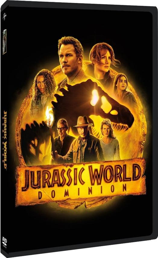 Couverture DVD de Jurassic World : Dominion, avec le casting et un dinosaure.