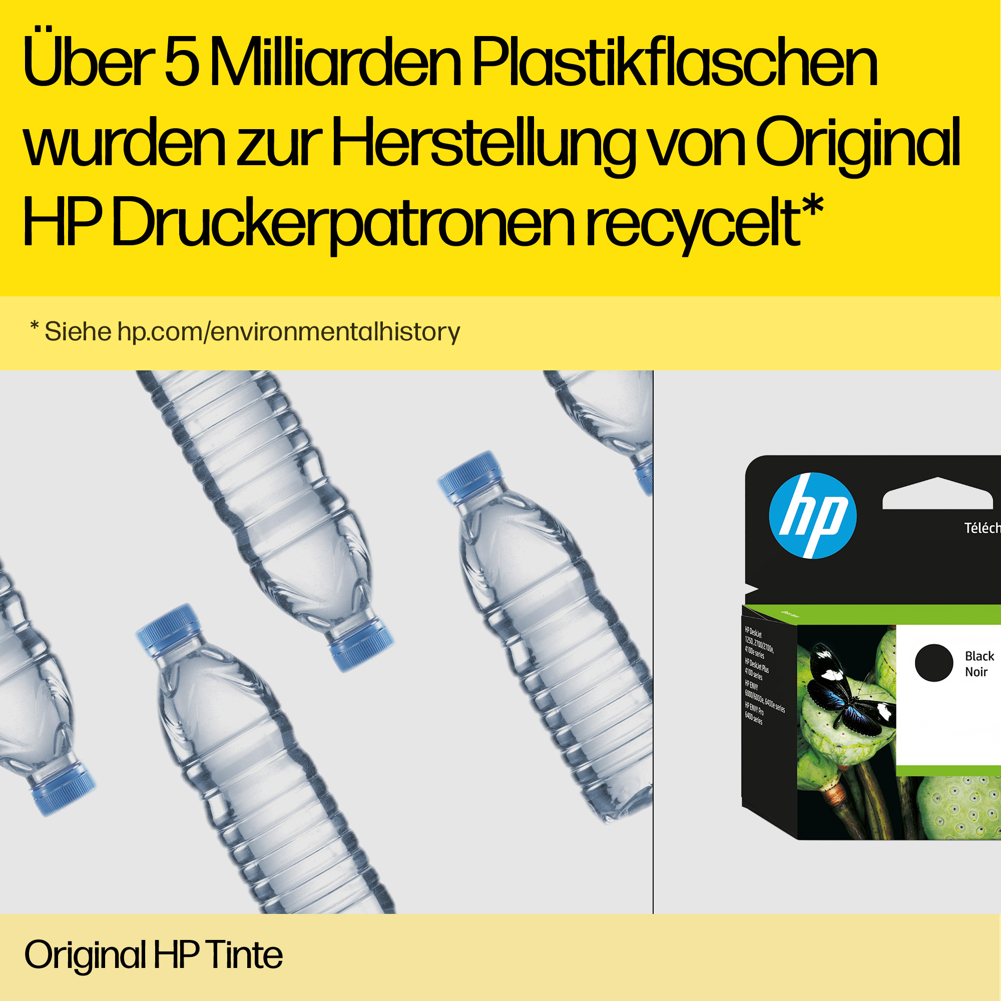 HP-Druckertinte-Werbung. Wasserflaschen und eine Tintenpatrone, alles auf gelbem Hintergrund, Text auf Deutsch.