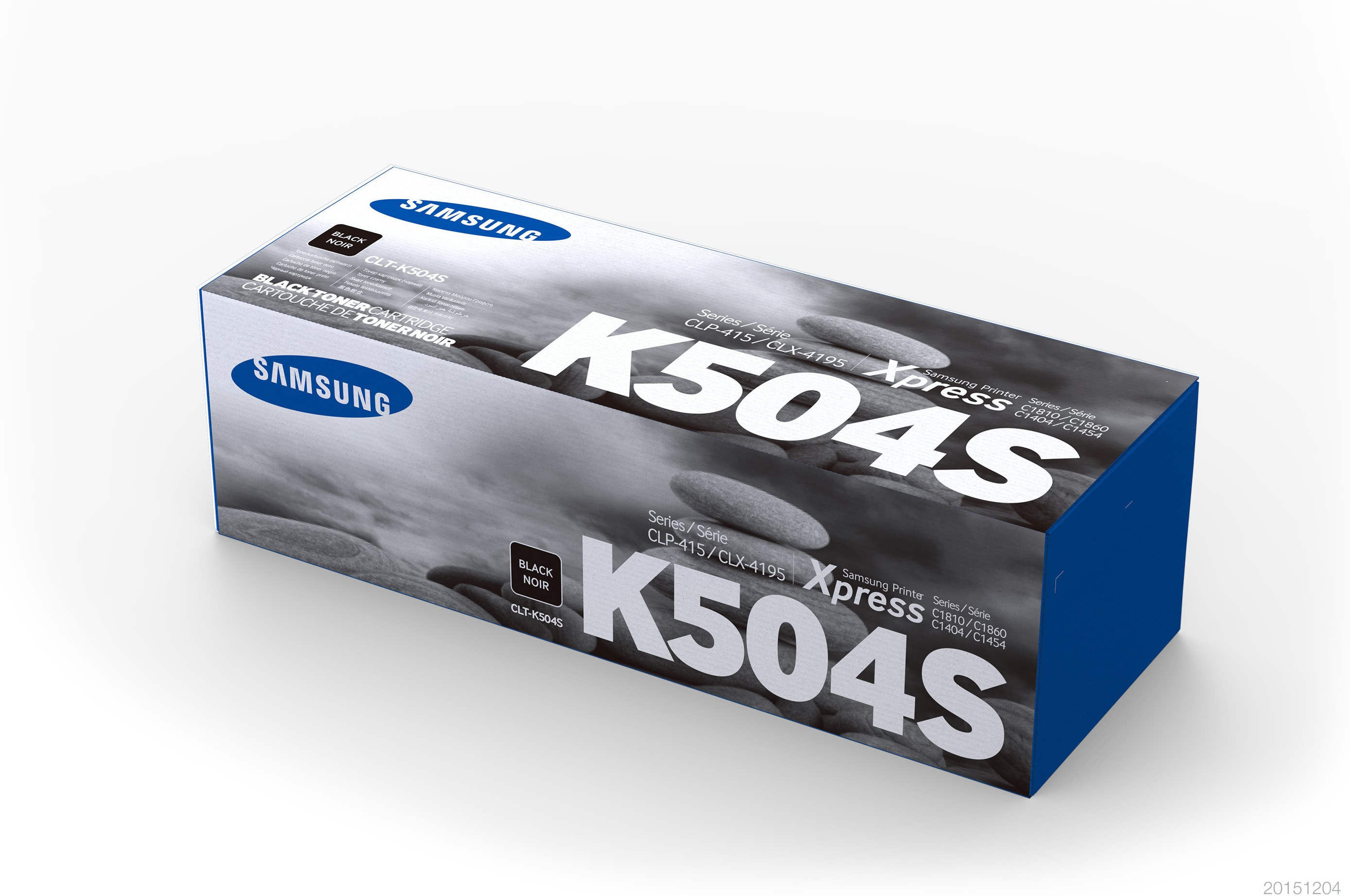 Eine Samsung Black Toner-Kartuschenbox mit dem Modellnamen K504S deutlich angezeigt.