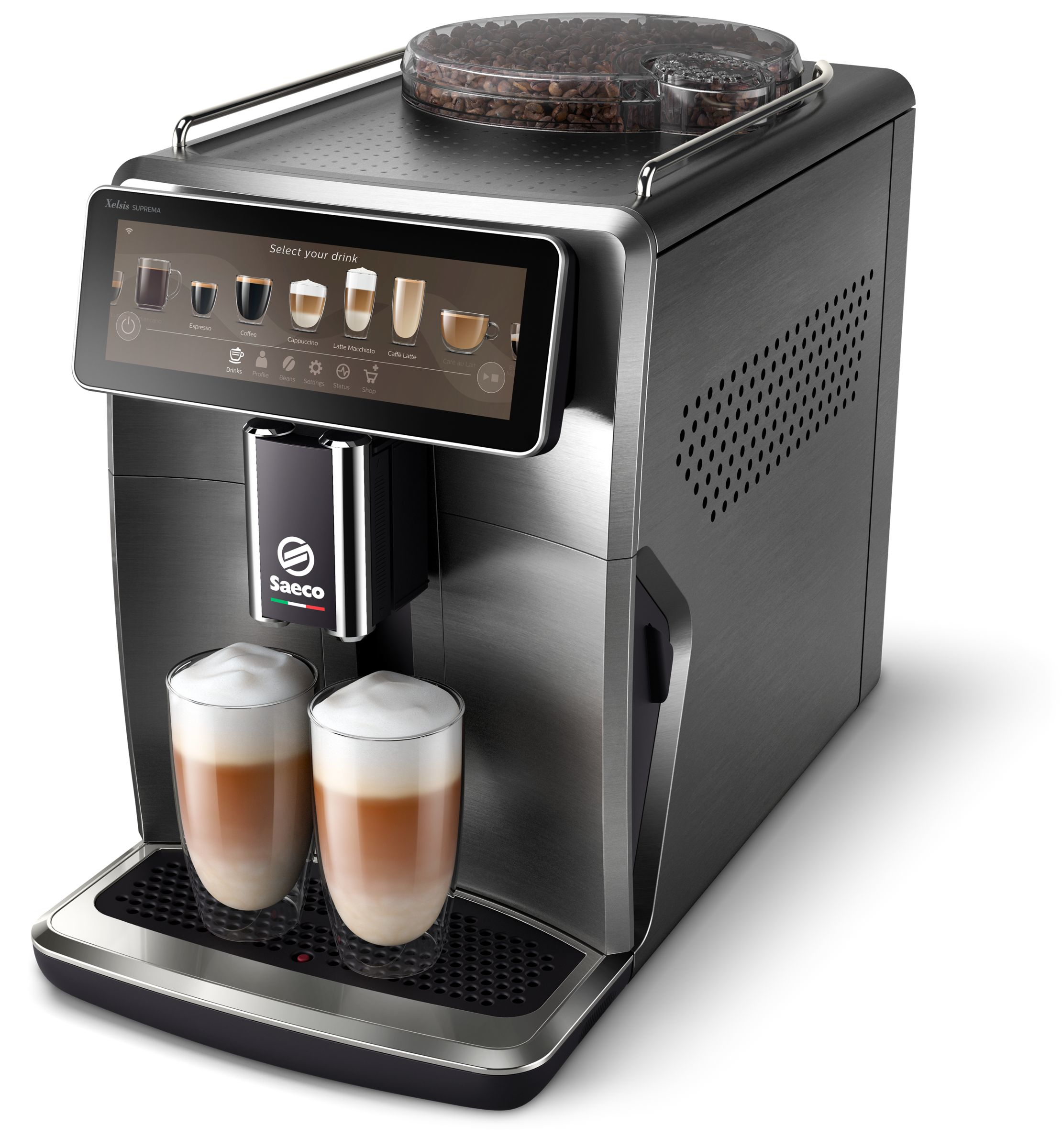 Kaffeemaschine mit Touchscreen, zwei Gläsern mit Kaffee und einem Edelstahlgehäuse.