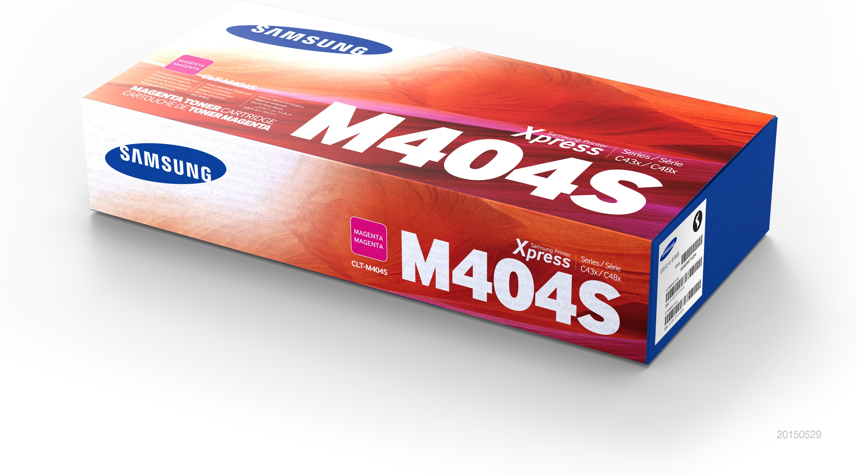 Eine rosa-weiße Samsung M404S Xpress Druckerpatronenbox.