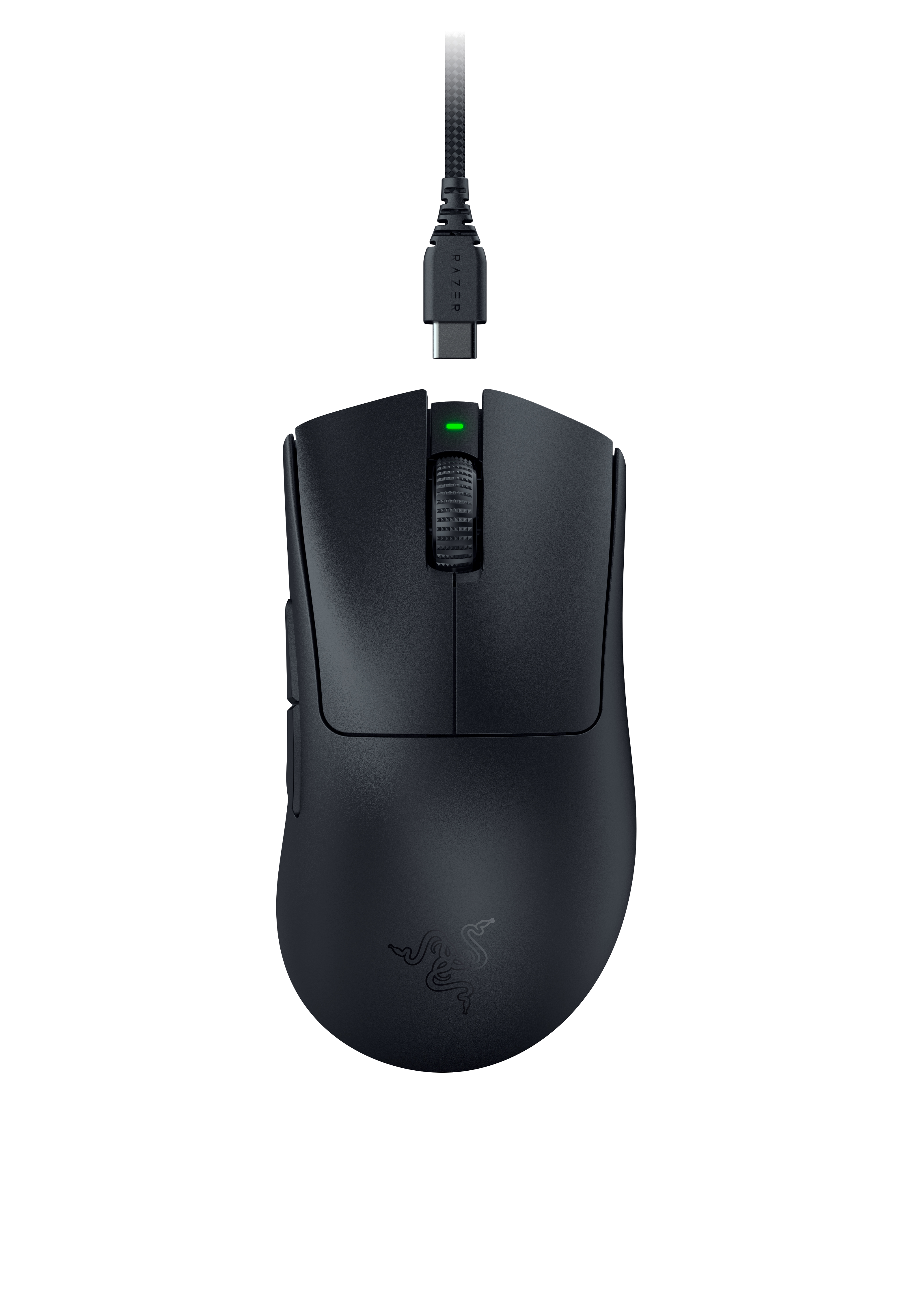 USB kablosuna bağlı siyah bir Razer oyun faresi. Üstünde yeşil bir ışık var.