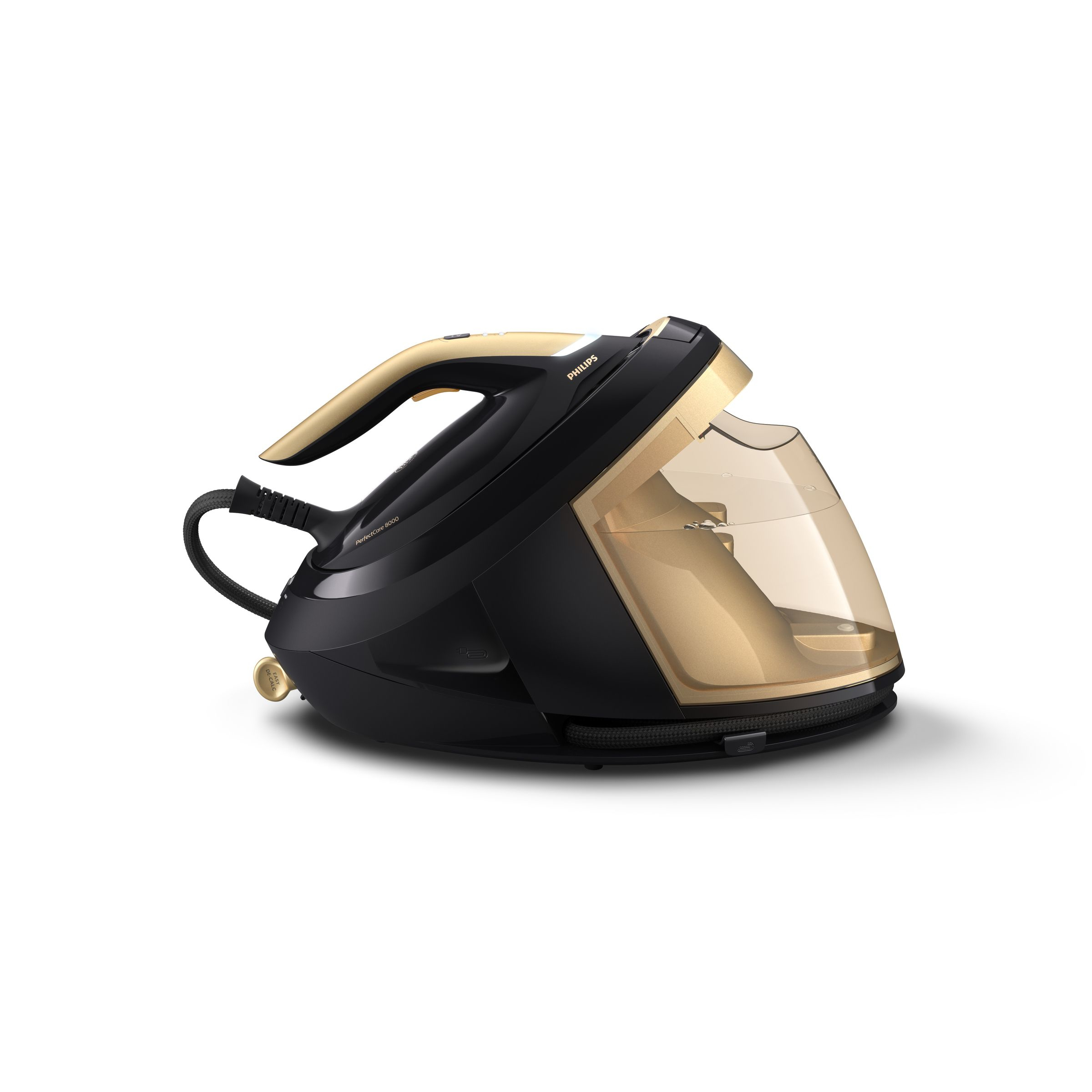 Black and gold Philips steam iron with a water tank. The handle has a gold accent.