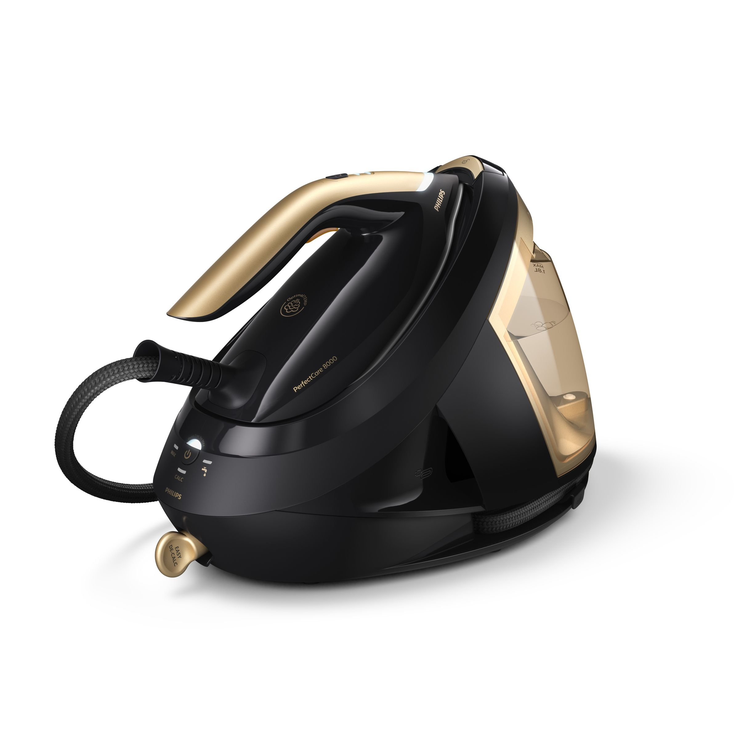 Black and gold Philips PerfectCare 9000 iron. Gold handle and water tank. White background.