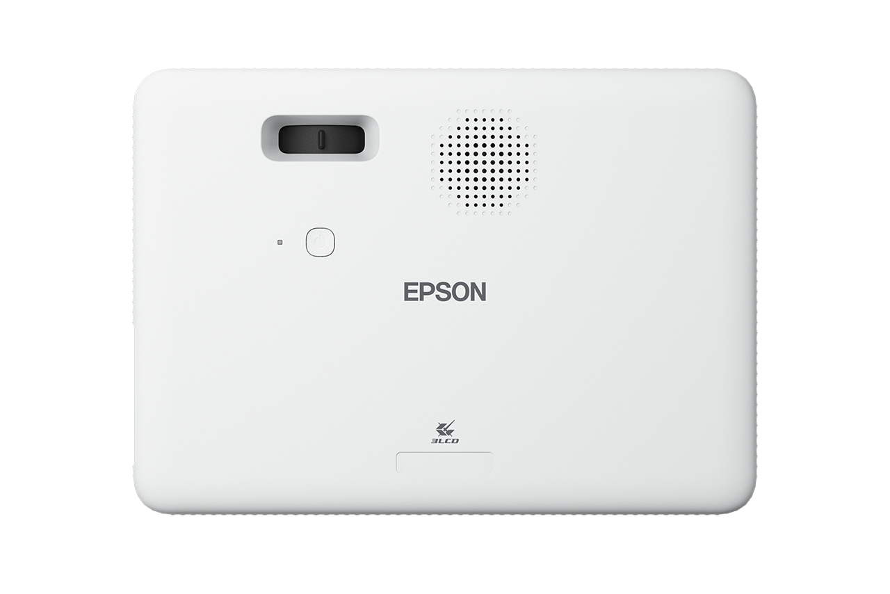 Siyah arka plan üzerinde siyah Epson logolu beyaz projektör. Üstten görünüm.