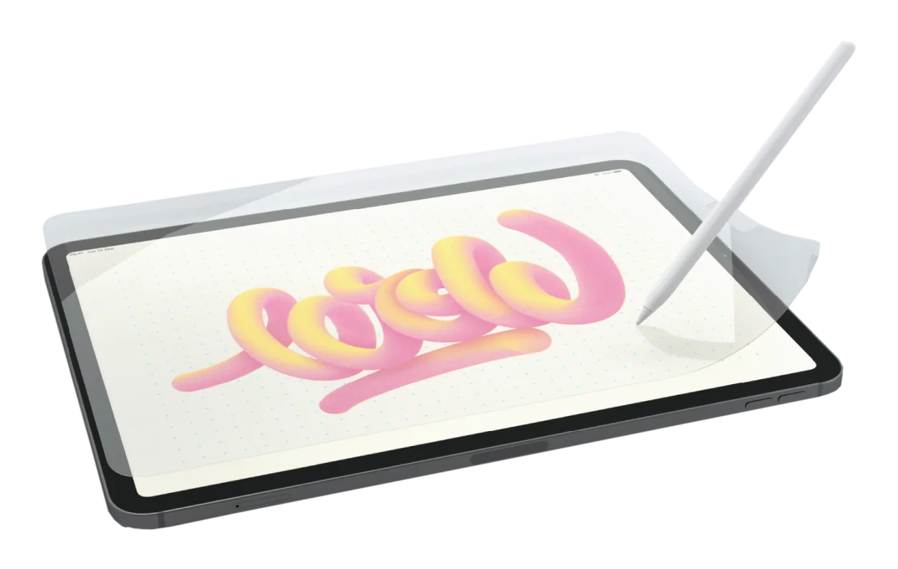 iPad mit Displayschutzfolie und Apple Pencil, der einen bunten Wirbel zeichnet.