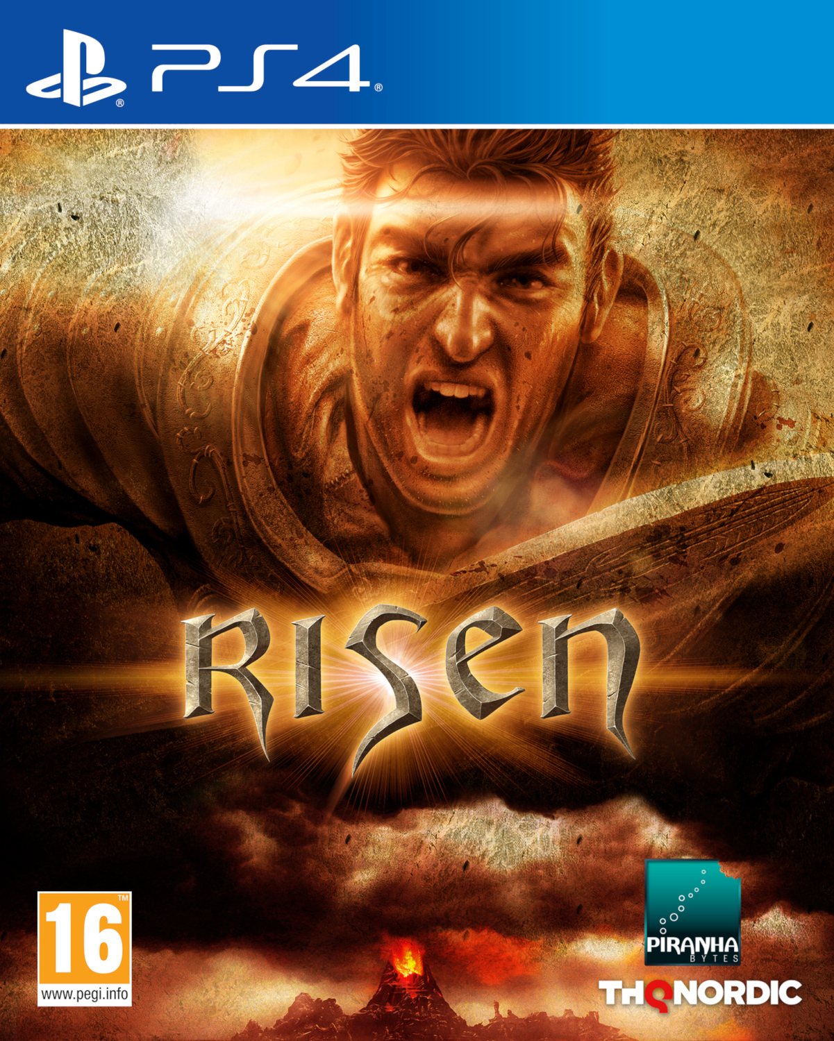 Couverture du jeu Risen PS4. Un homme en armure crie. Le titre du jeu est au centre.