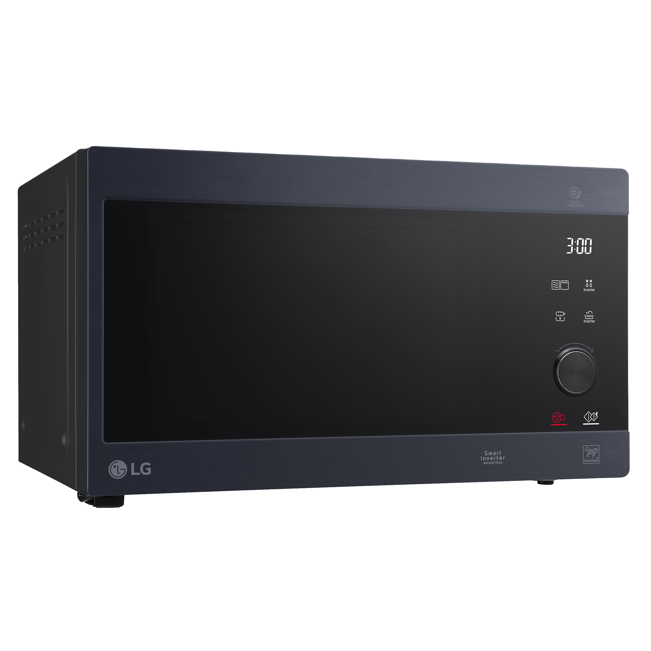 LG Mikrowelle, schwarz, mit Digitalanzeige und Bedienfeld.