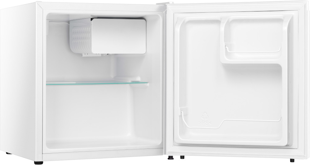 White mini-fridge, open to reveal the interior with shelves and a freezer compartment.