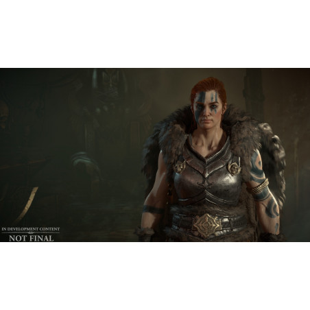 Una mujer con armadura y cuello de piel de un juego.