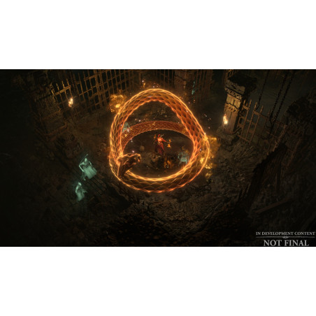 Un anillo de fuego en una mazmorra oscura, con figuras fantasmales y un personaje central.