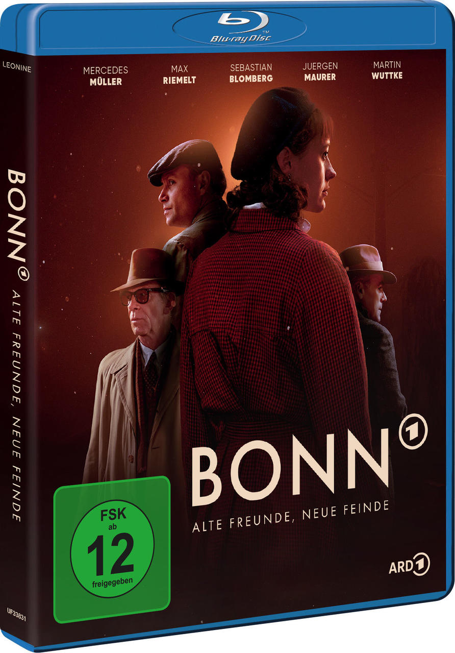 Eine Blu-ray-Box mit dem Titel "Bonn" und den Namen der Schauspieler. Das Cover hat ein dunkelrotes und braunes Thema.