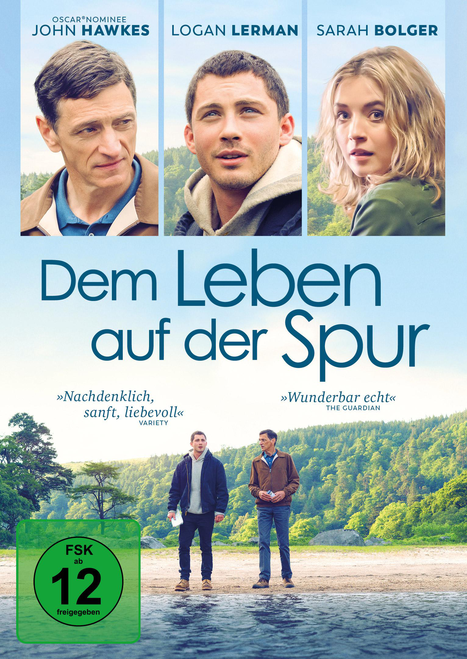 Ein Filmplakat mit drei Kopfaufnahmen oben, zwei Männern unten. Der Titel lautet 'Dem Leben auf der Spur'.