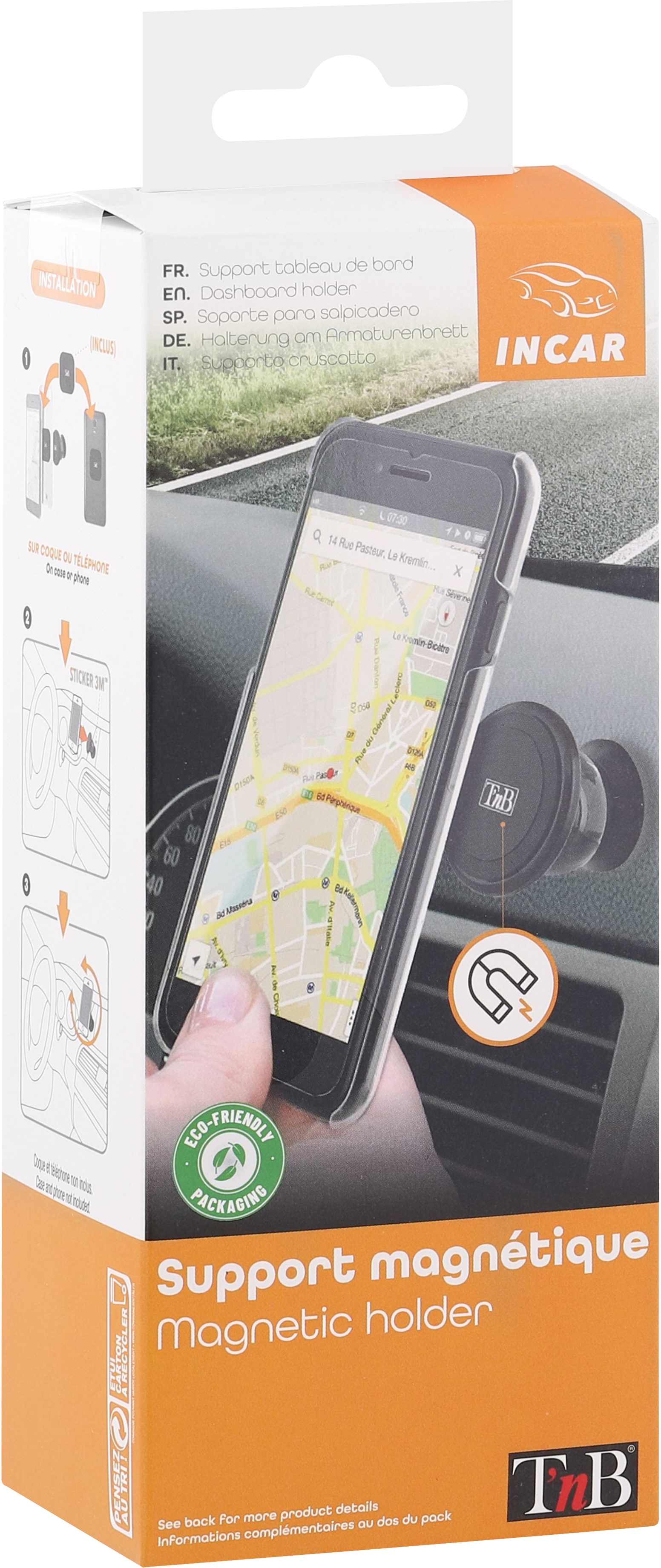 Boîte pour un support de téléphone magnétique pour voiture avec instructions, téléphone et affichage de carte.