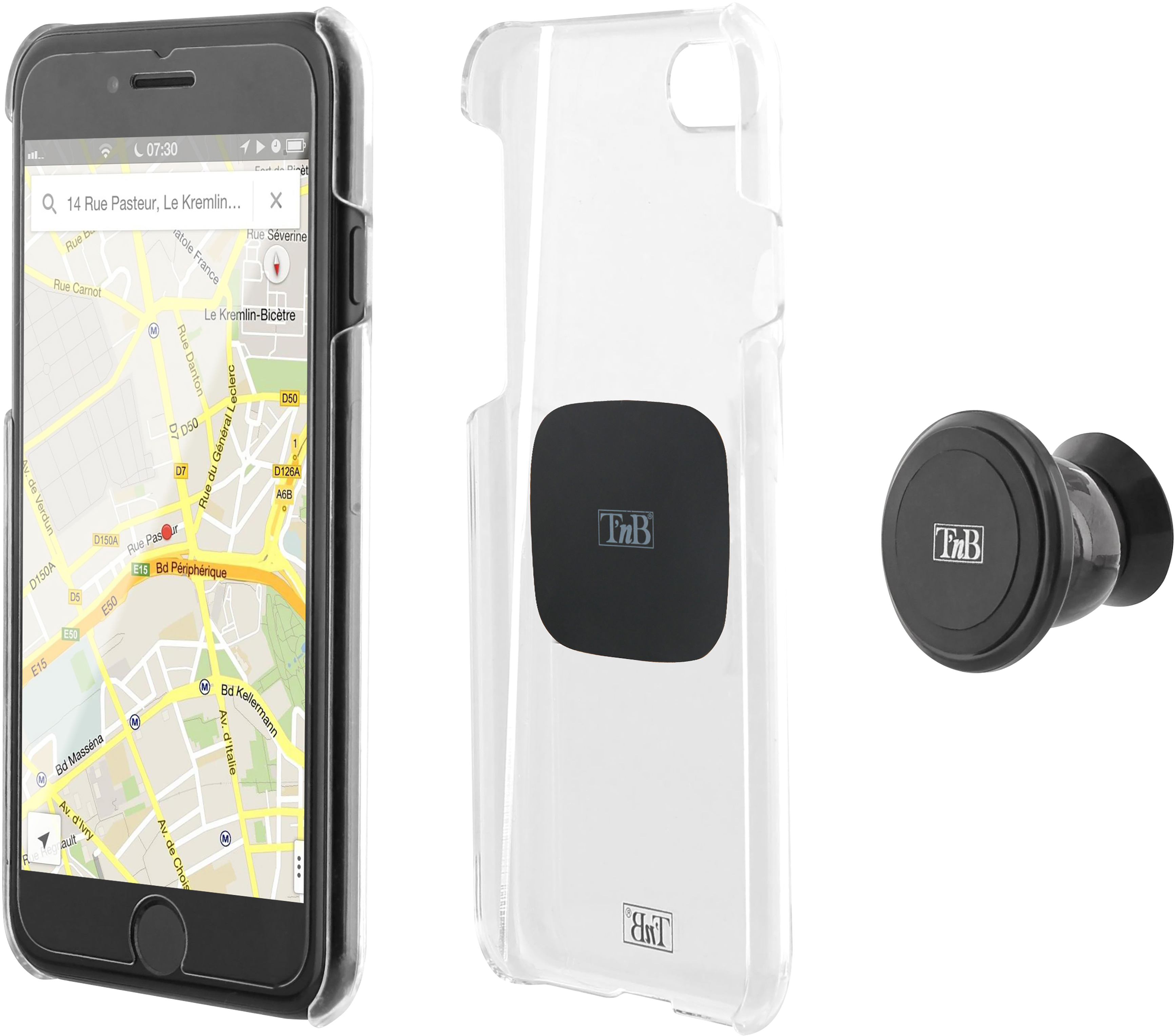 Un téléphone avec une application de cartographie dans un étui transparent, un support de voiture et un étui de téléphone avec un aimant intégré.