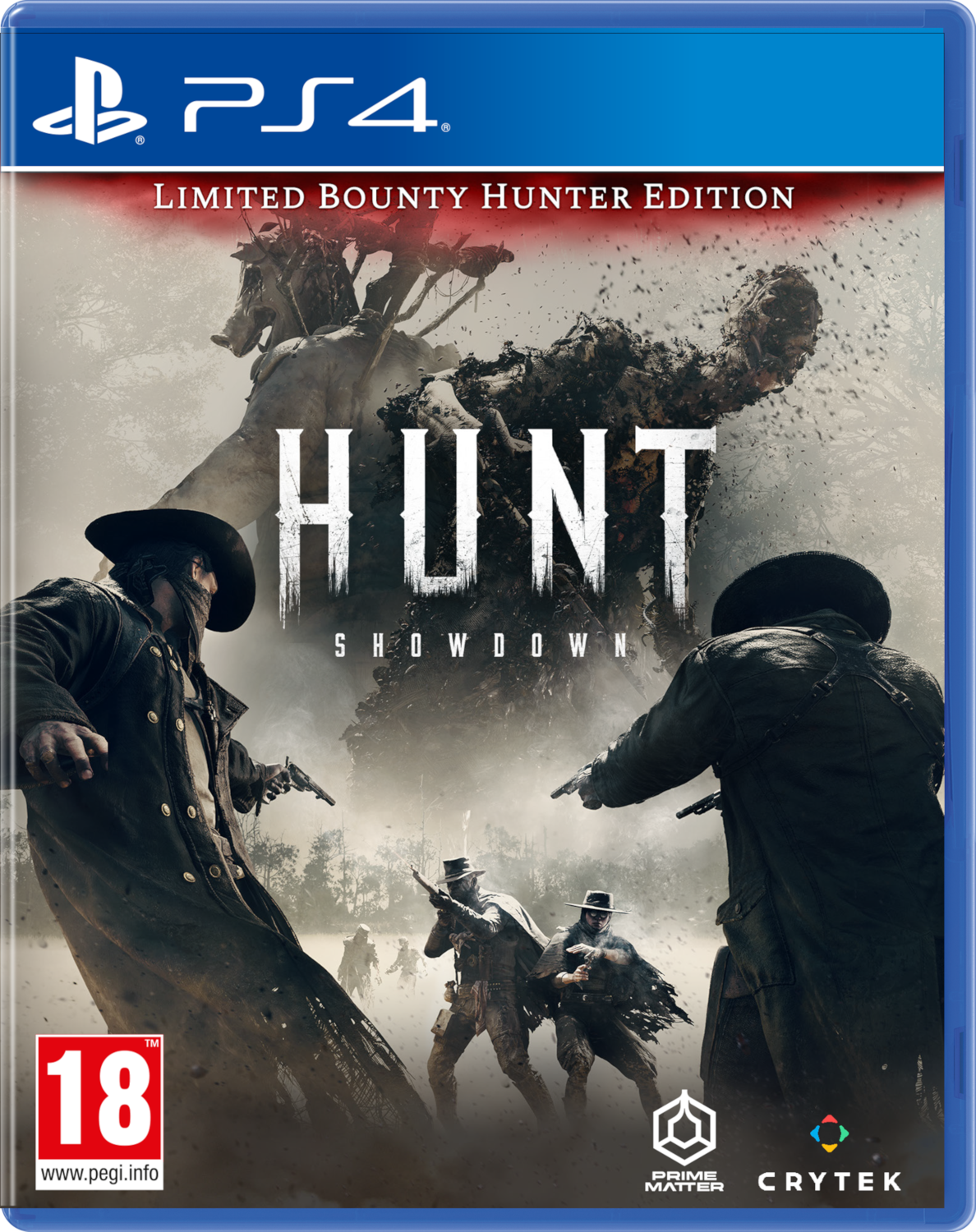 PS4 game case: Hunt: Showdown. Toont cowboys in een grimmige actiescène.