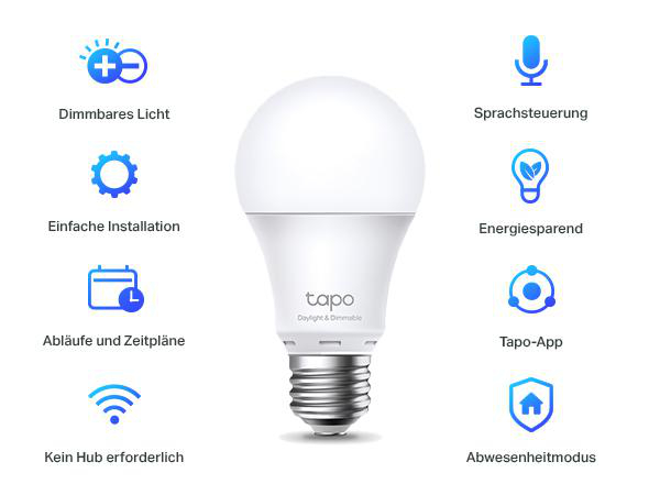 Weiße intelligente Glühbirne mit Symbolen für Funktionen: dimmbar, App, Sprachsteuerung.