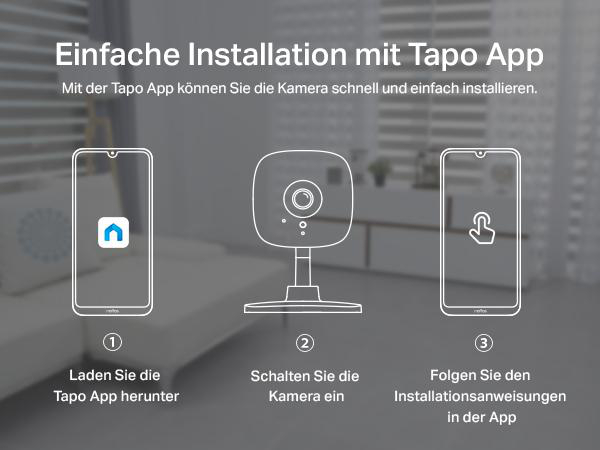 Eine Illustration zeigt die Installationsschritte für eine Tapo App. Die Schritte sind Herunterladen, Einschalten und Installieren.